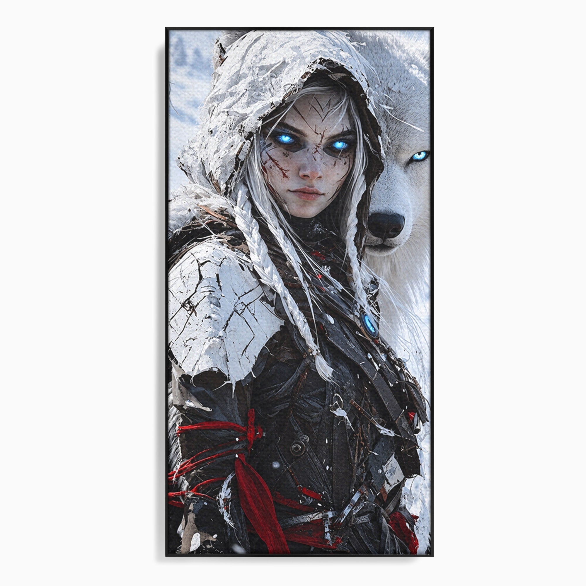 Tablou Canvas Premium LuxCanva® U1103, Razboinica Si Lupul Alb, Lup, Fantezie, Mister, Femeie, Razboinica, Dormitor, Culori Vibrante