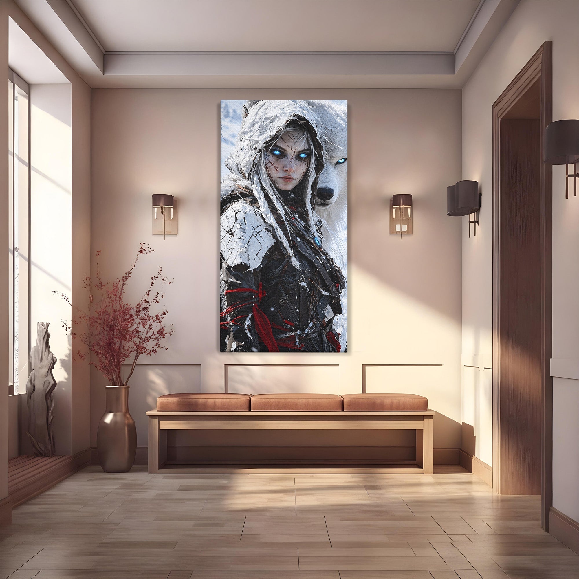 Tablou Canvas Premium LuxCanva® U1103, Razboinica Si Lupul Alb, Lup, Fantezie, Mister, Femeie, Razboinica, Dormitor, Culori Vibrante