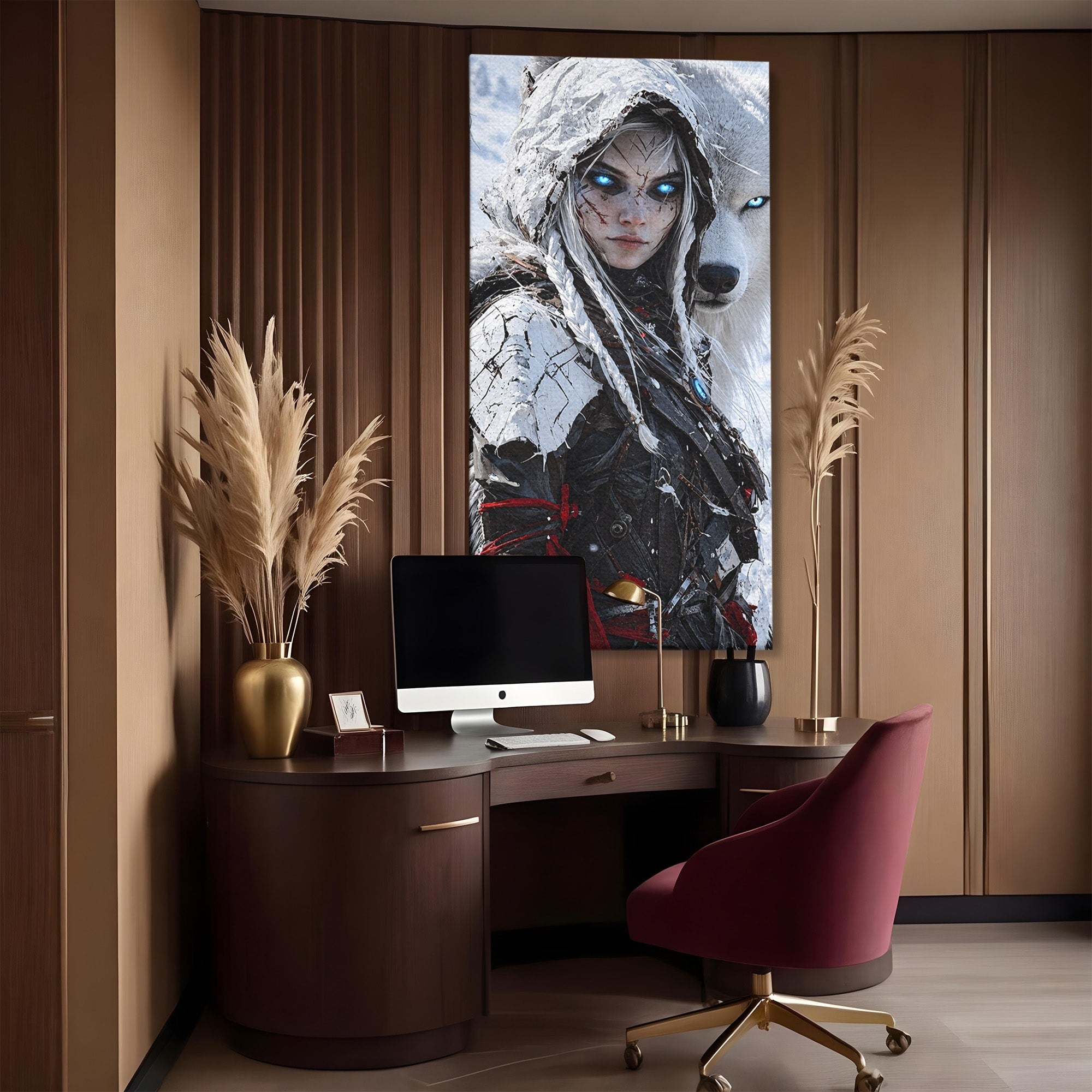 Tablou Canvas Premium LuxCanva® U1103, Razboinica Si Lupul Alb, Lup, Fantezie, Mister, Femeie, Razboinica, Dormitor, Culori Vibrante