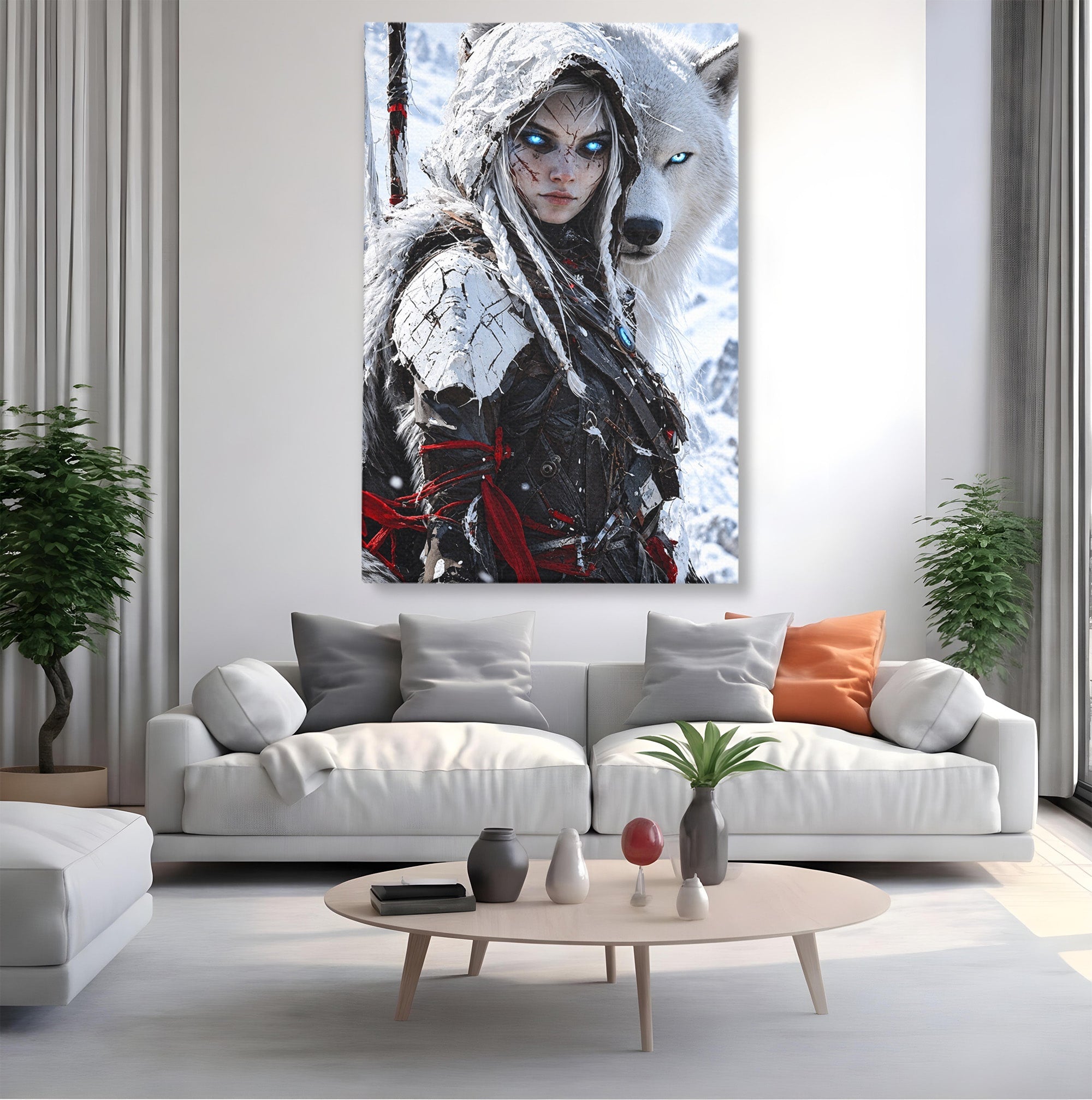 Tablou Canvas Premium LuxCanva® U1103, Razboinica Si Lupul Alb, Lup, Fantezie, Mister, Femeie, Razboinica, Dormitor, Culori Vibrante