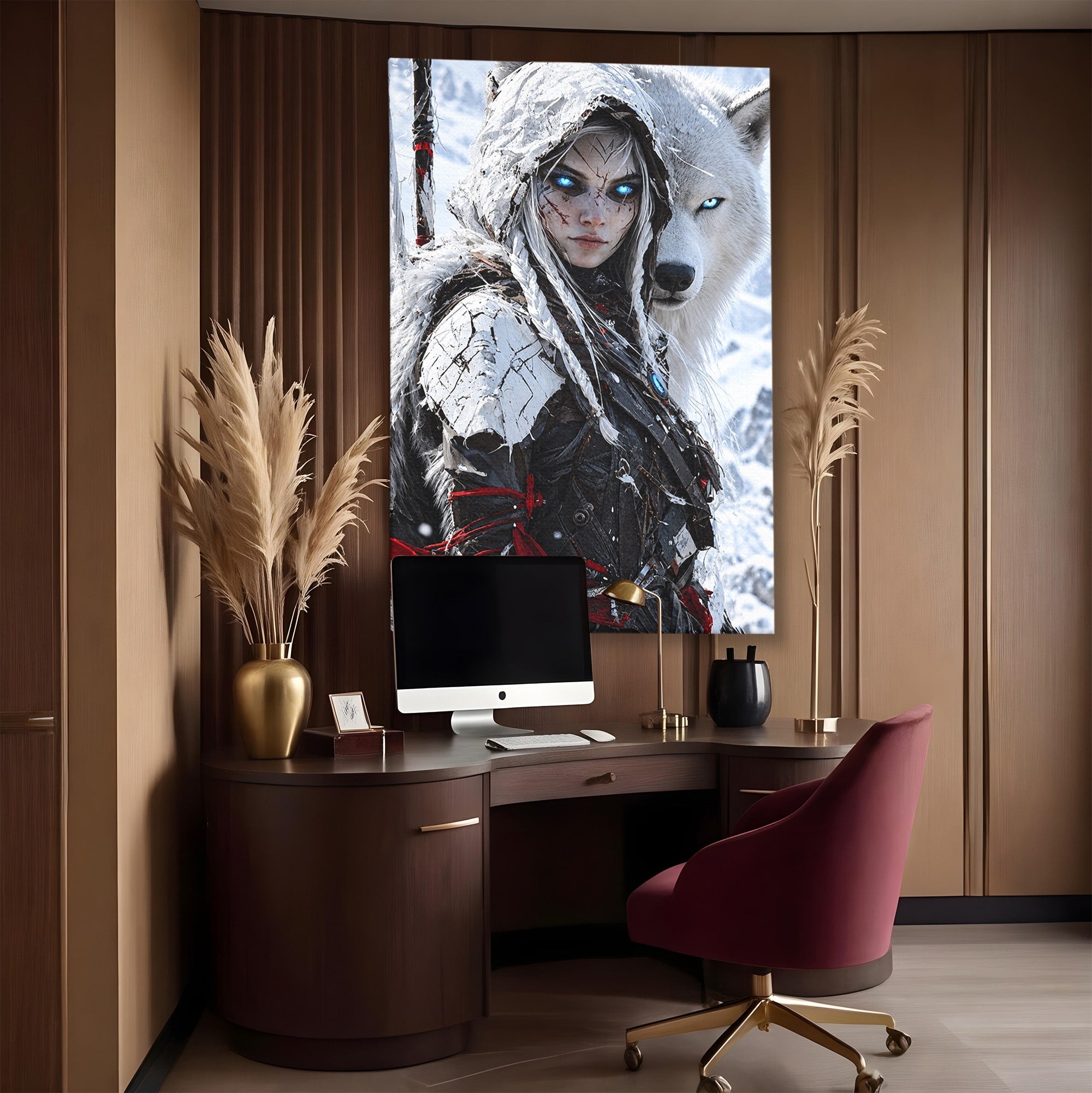 Tablou Canvas Premium LuxCanva® U1103, Razboinica Si Lupul Alb, Lup, Fantezie, Mister, Femeie, Razboinica, Dormitor, Culori Vibrante