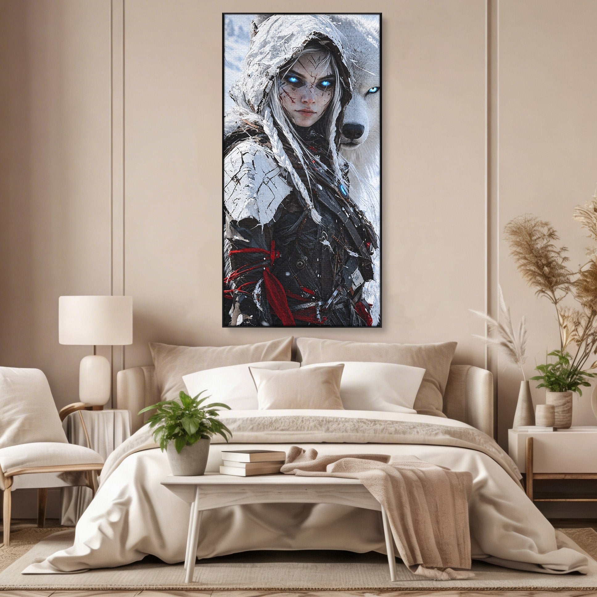 Tablou Canvas Premium LuxCanva® U1103, Razboinica Si Lupul Alb, Lup, Fantezie, Mister, Femeie, Razboinica, Dormitor, Culori Vibrante