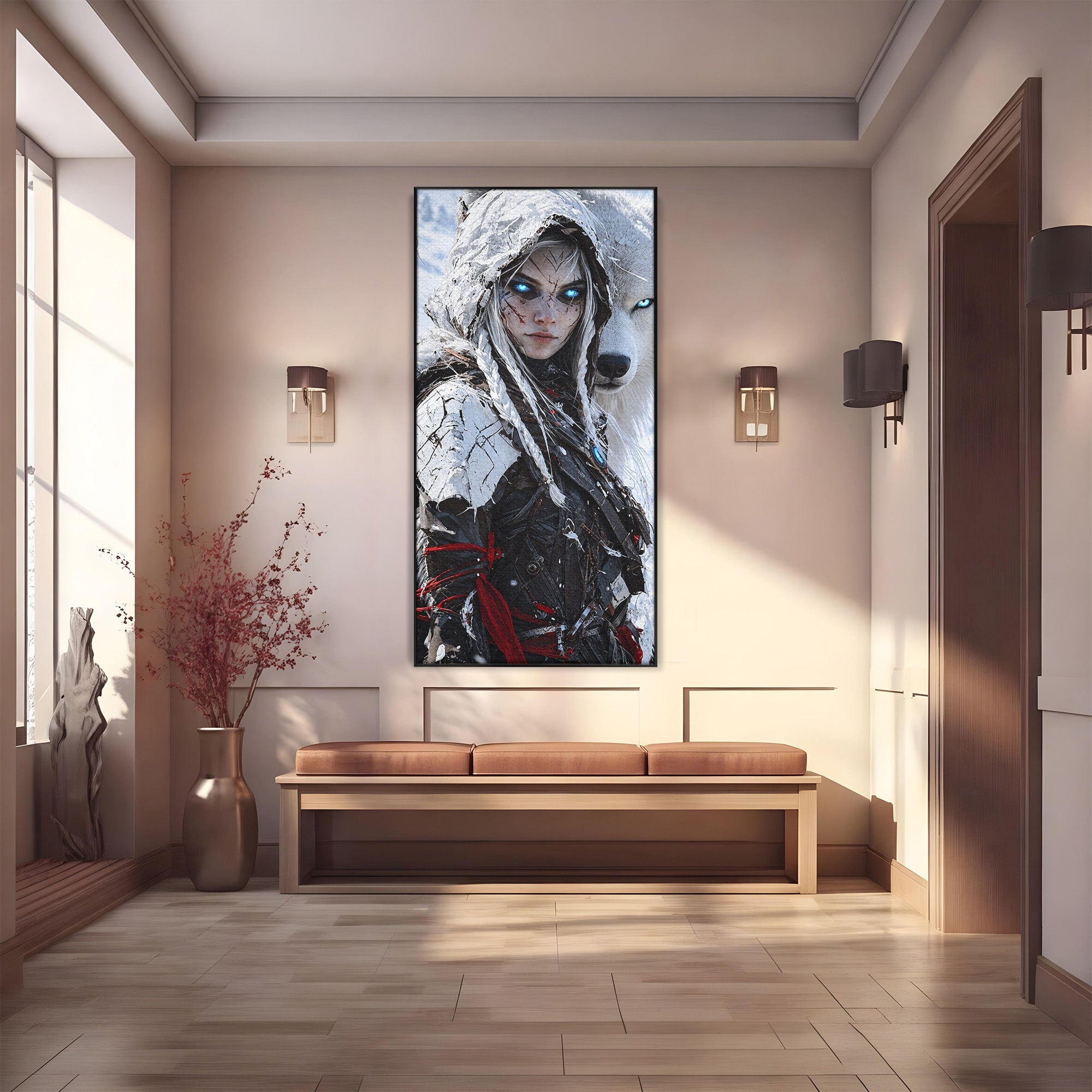 Tablou Canvas Premium LuxCanva® U1103, Razboinica Si Lupul Alb, Lup, Fantezie, Mister, Femeie, Razboinica, Dormitor, Culori Vibrante