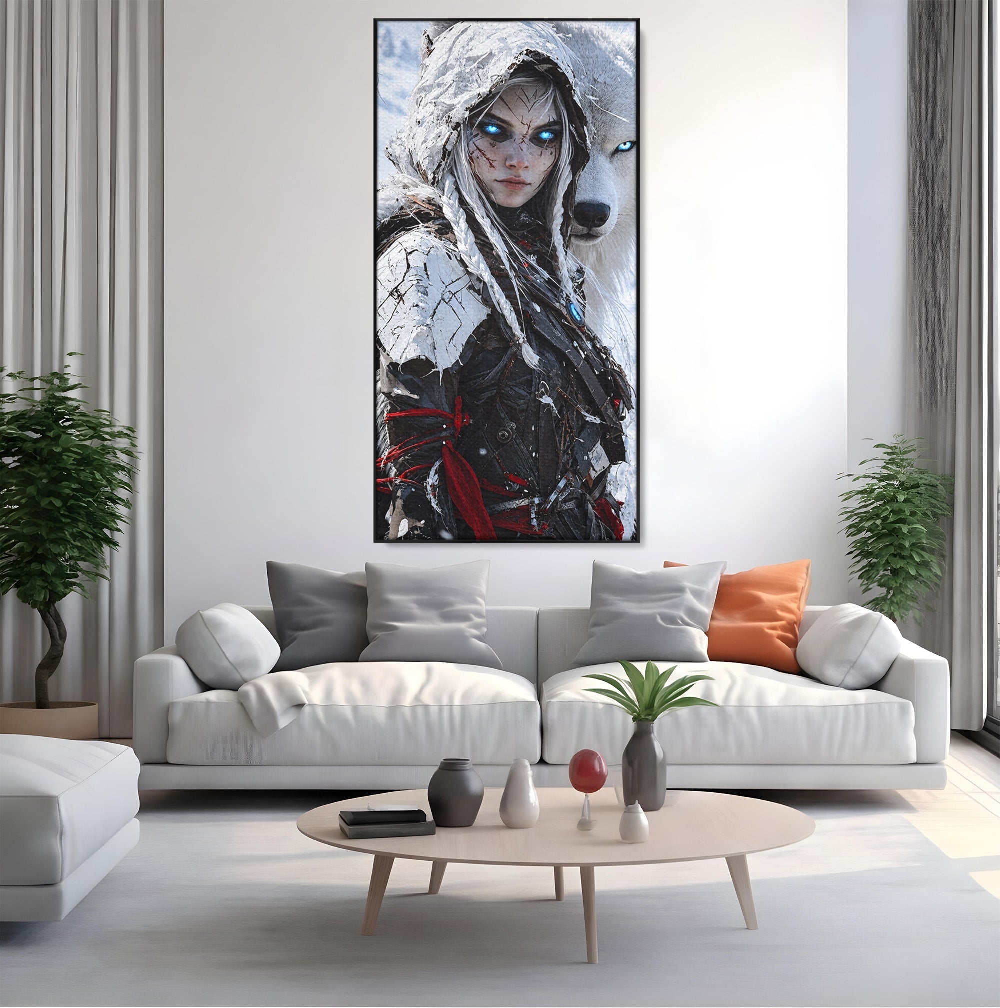 Tablou Canvas Premium LuxCanva® U1103, Razboinica Si Lupul Alb, Lup, Fantezie, Mister, Femeie, Razboinica, Dormitor, Culori Vibrante