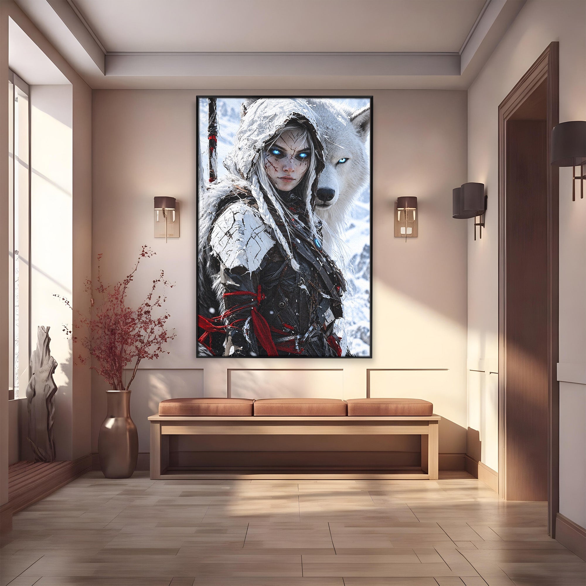 Tablou Canvas Premium LuxCanva® U1103, Razboinica Si Lupul Alb, Lup, Fantezie, Mister, Femeie, Razboinica, Dormitor, Culori Vibrante