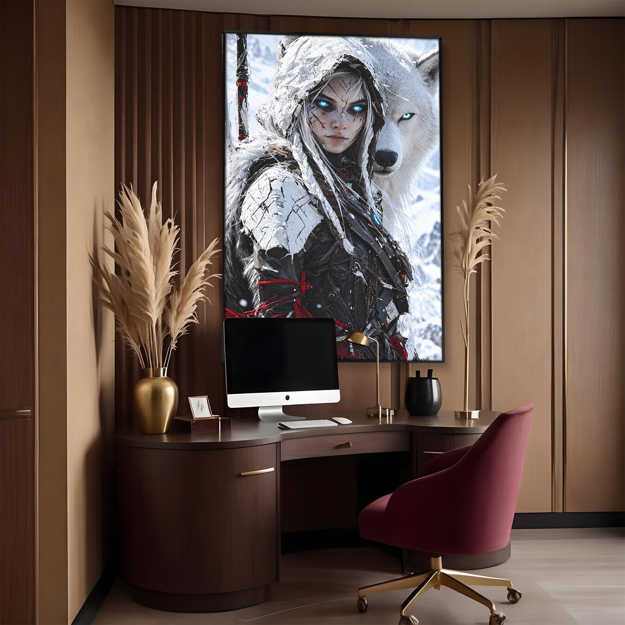 Tablou Canvas Premium LuxCanva® U1103, Razboinica Si Lupul Alb, Lup, Fantezie, Mister, Femeie, Razboinica, Dormitor, Culori Vibrante