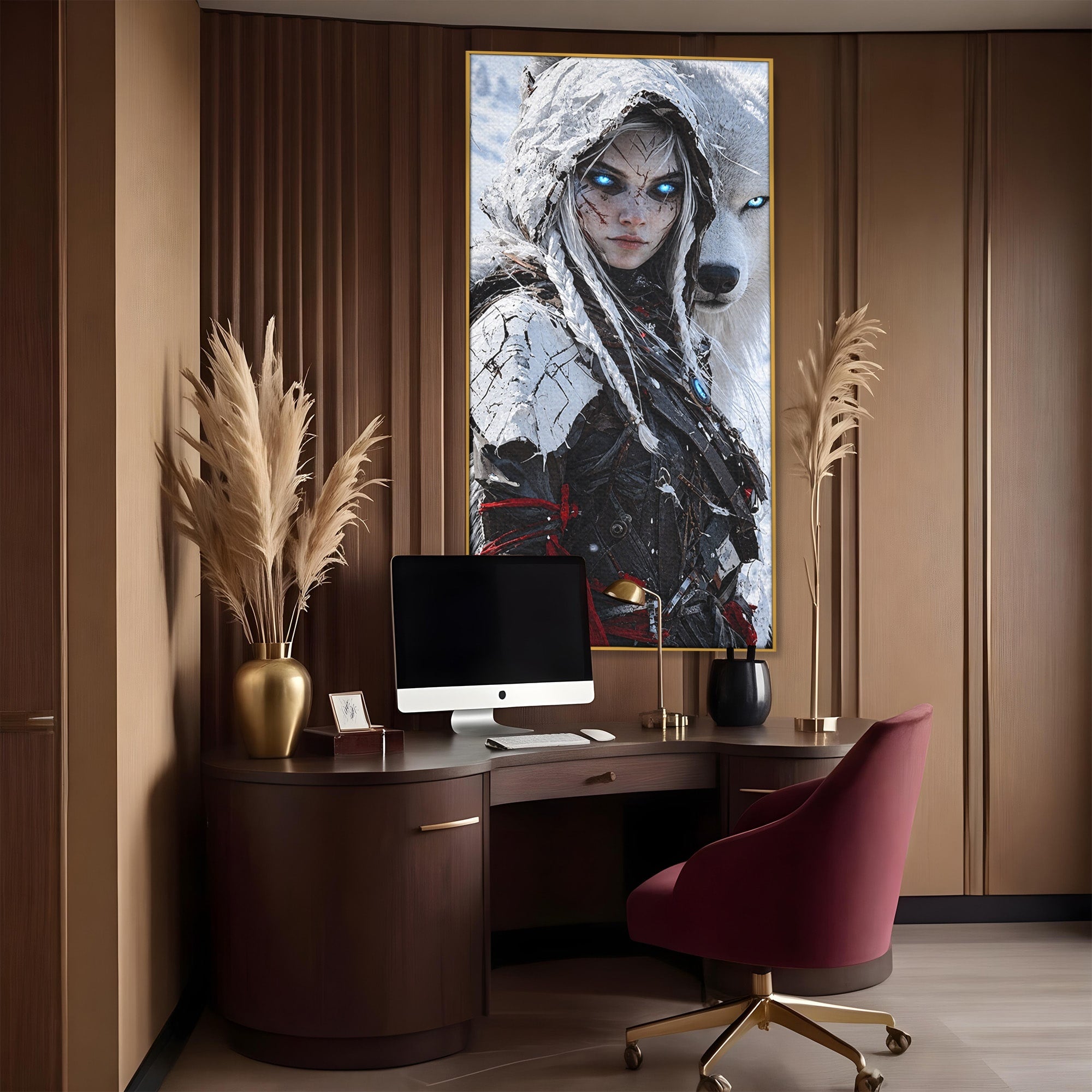 Tablou Canvas Premium LuxCanva® U1103, Razboinica Si Lupul Alb, Lup, Fantezie, Mister, Femeie, Razboinica, Dormitor, Culori Vibrante