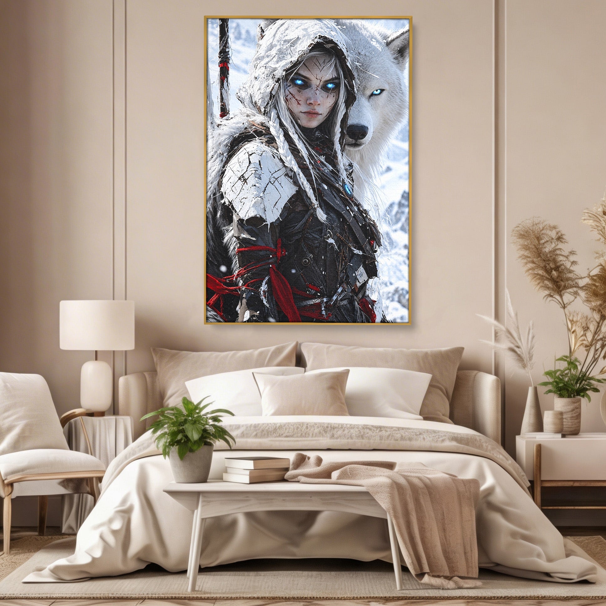 Tablou Canvas Premium LuxCanva® U1103, Razboinica Si Lupul Alb, Lup, Fantezie, Mister, Femeie, Razboinica, Dormitor, Culori Vibrante