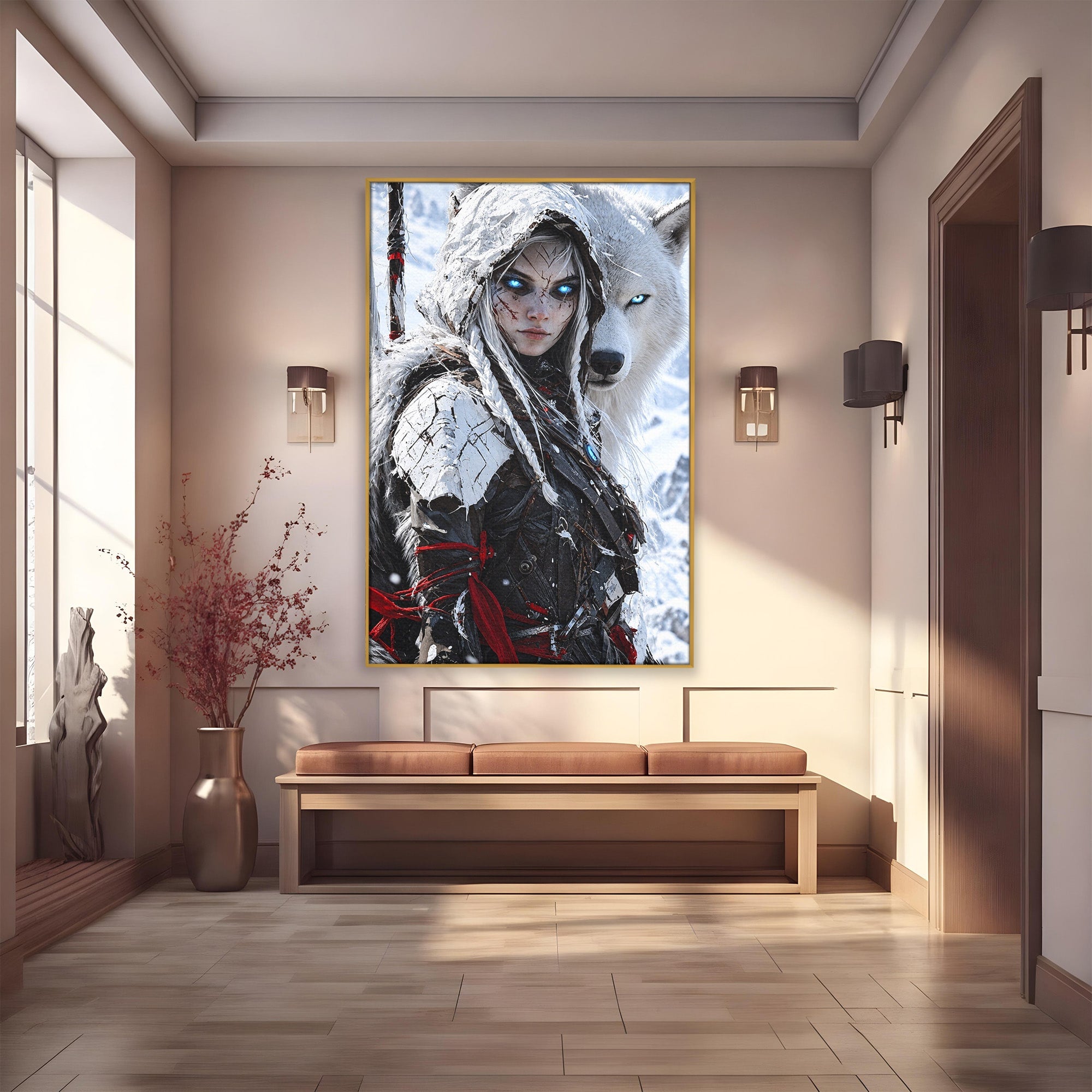 Tablou Canvas Premium LuxCanva® U1103, Razboinica Si Lupul Alb, Lup, Fantezie, Mister, Femeie, Razboinica, Dormitor, Culori Vibrante