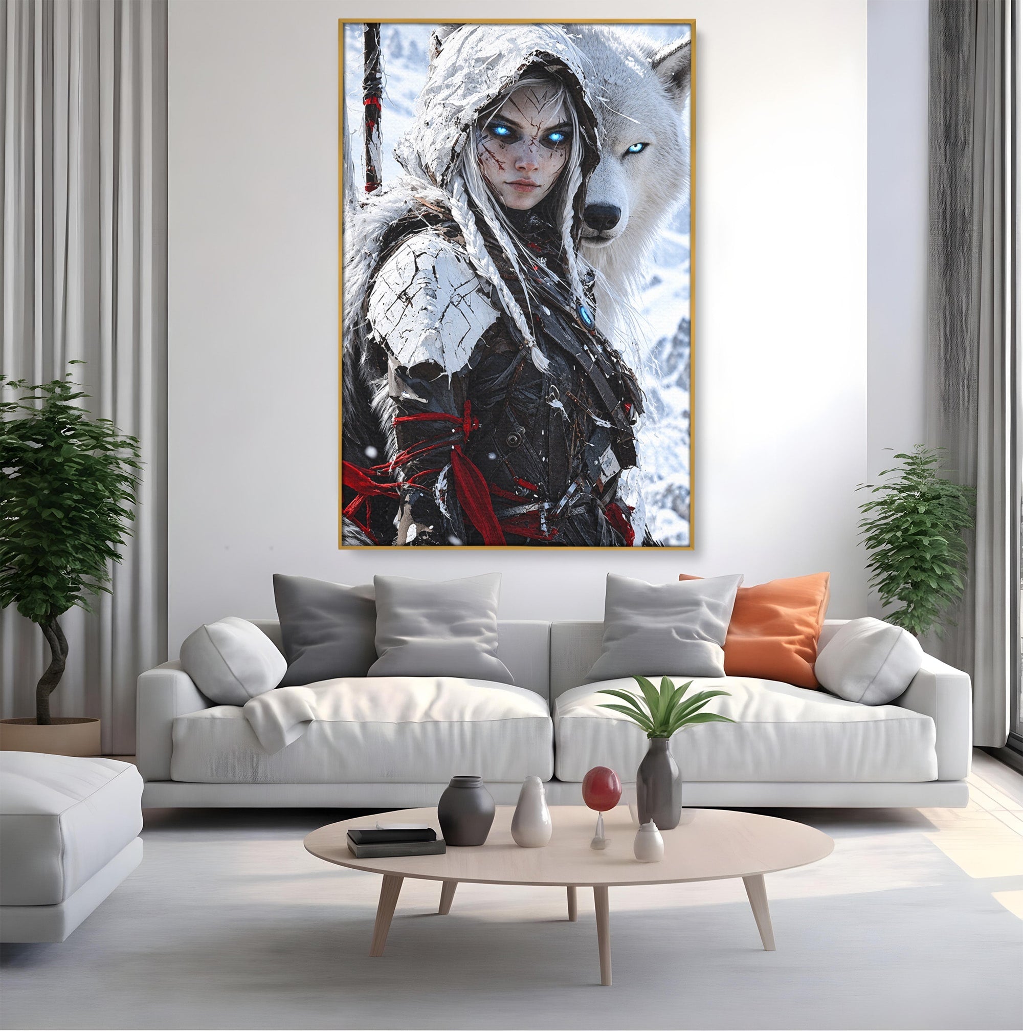 Tablou Canvas Premium LuxCanva® U1103, Razboinica Si Lupul Alb, Lup, Fantezie, Mister, Femeie, Razboinica, Dormitor, Culori Vibrante