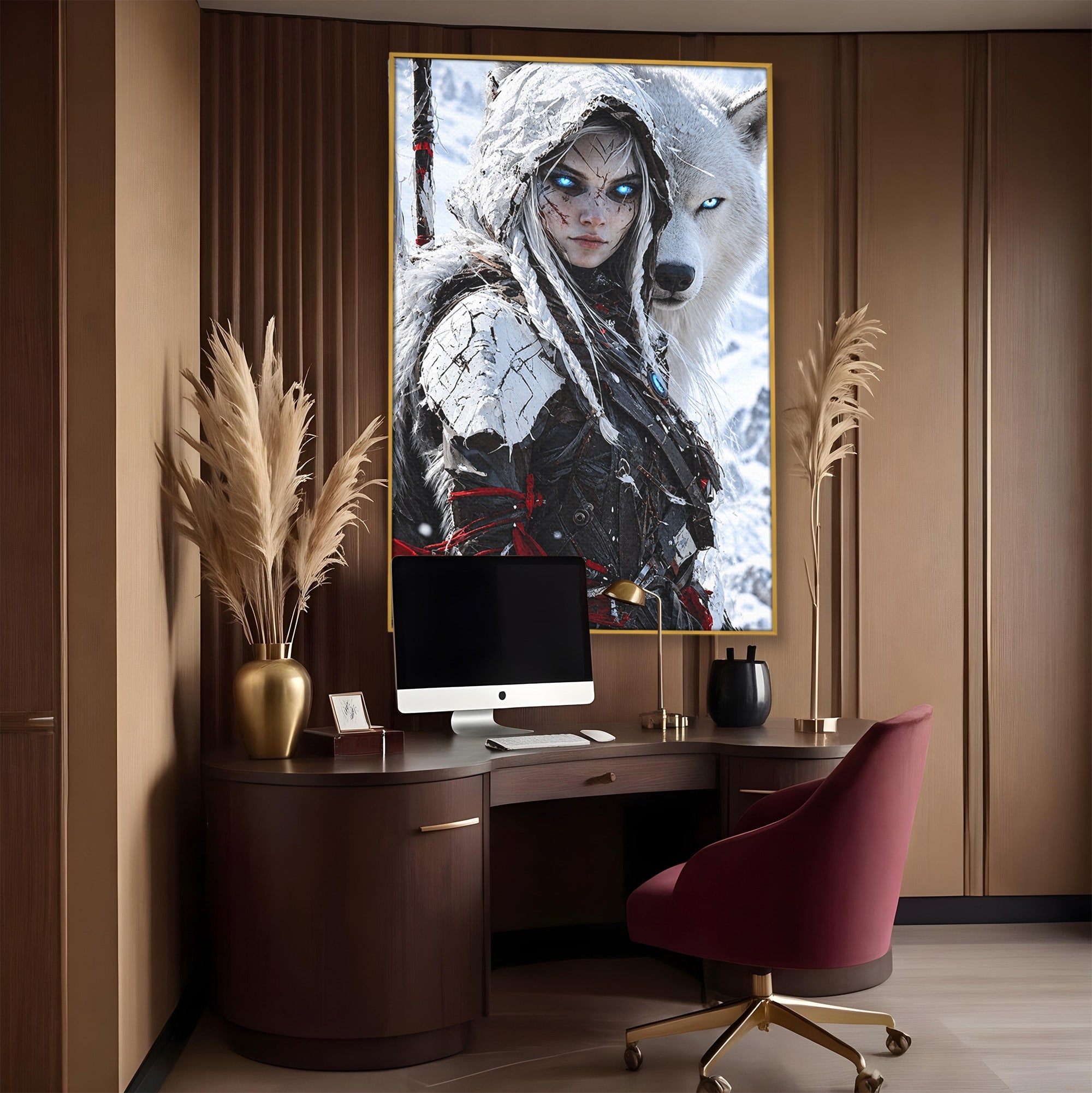 Tablou Canvas Premium LuxCanva® U1103, Razboinica Si Lupul Alb, Lup, Fantezie, Mister, Femeie, Razboinica, Dormitor, Culori Vibrante