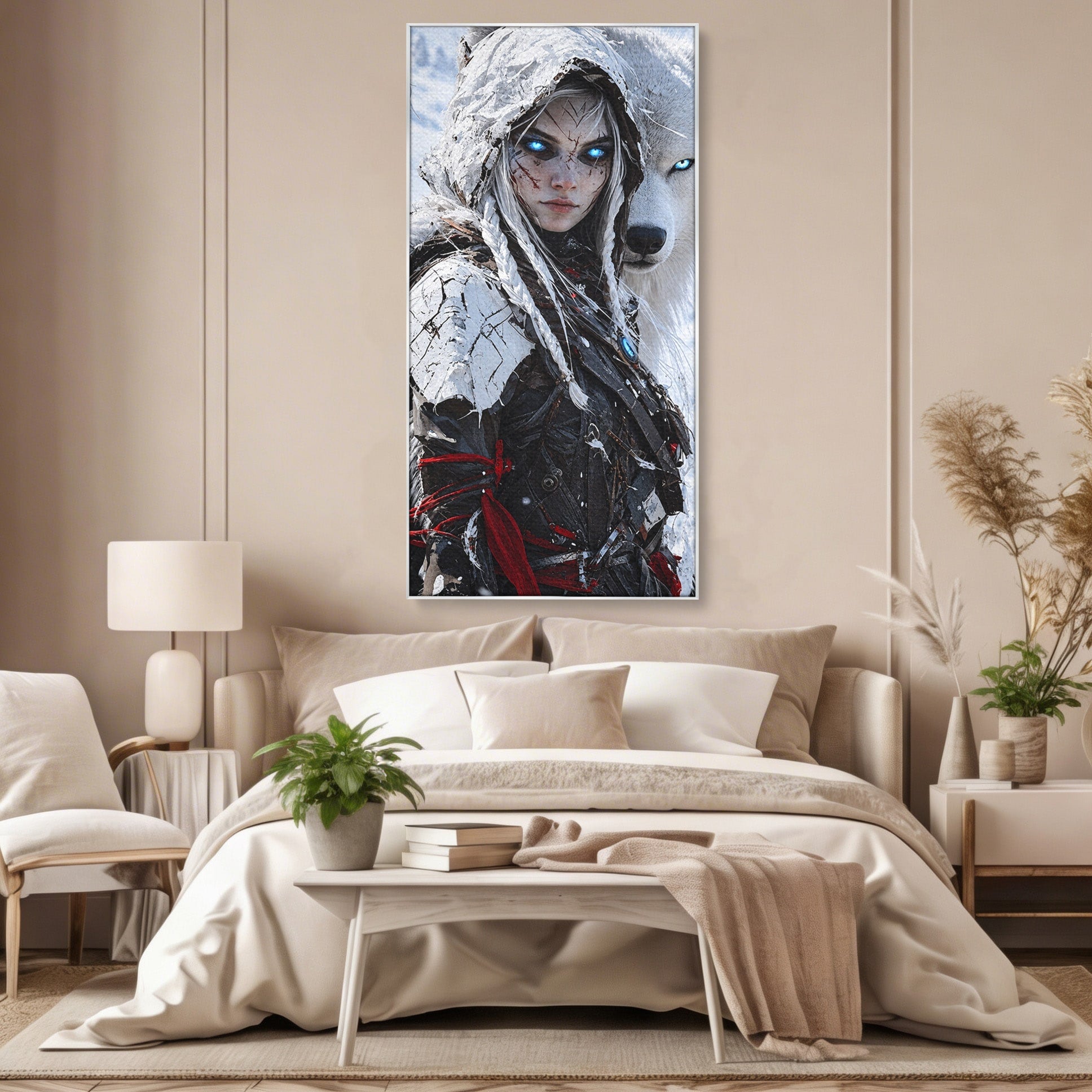 Tablou Canvas Premium LuxCanva® U1103, Razboinica Si Lupul Alb, Lup, Fantezie, Mister, Femeie, Razboinica, Dormitor, Culori Vibrante