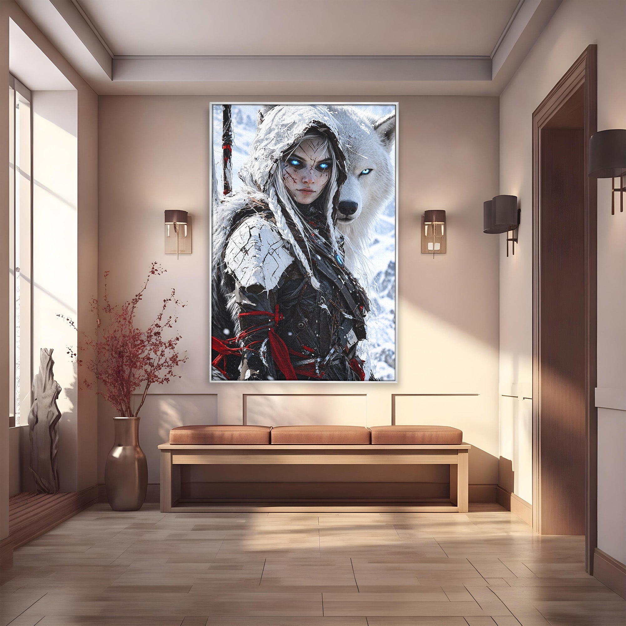 Tablou Canvas Premium LuxCanva® U1103, Razboinica Si Lupul Alb, Lup, Fantezie, Mister, Femeie, Razboinica, Dormitor, Culori Vibrante
