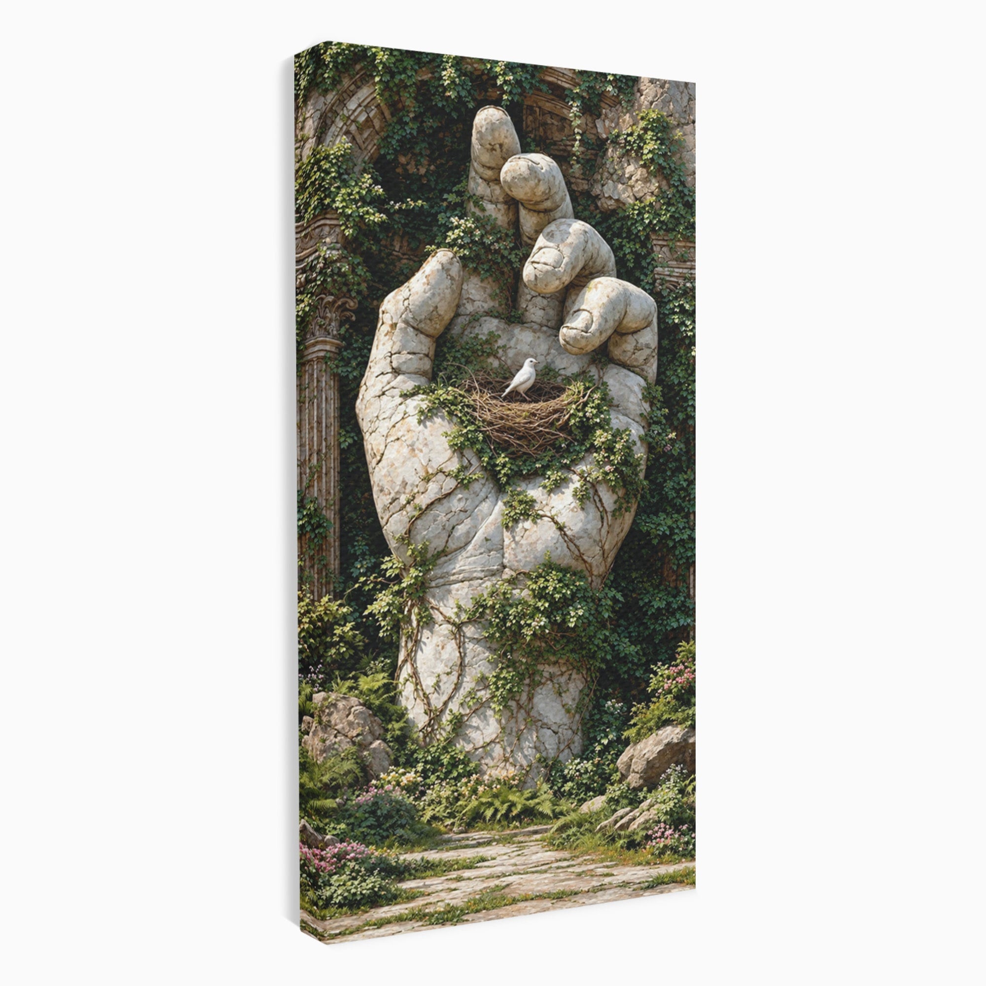 Tablou Canvas Premium LuxCanva® U1104, Mana De Piatra Cu Cuib, Porumbel, Natura, Ruine, Gradina, Mana, Cuib, Dormitor, Living, Culori Vibrante