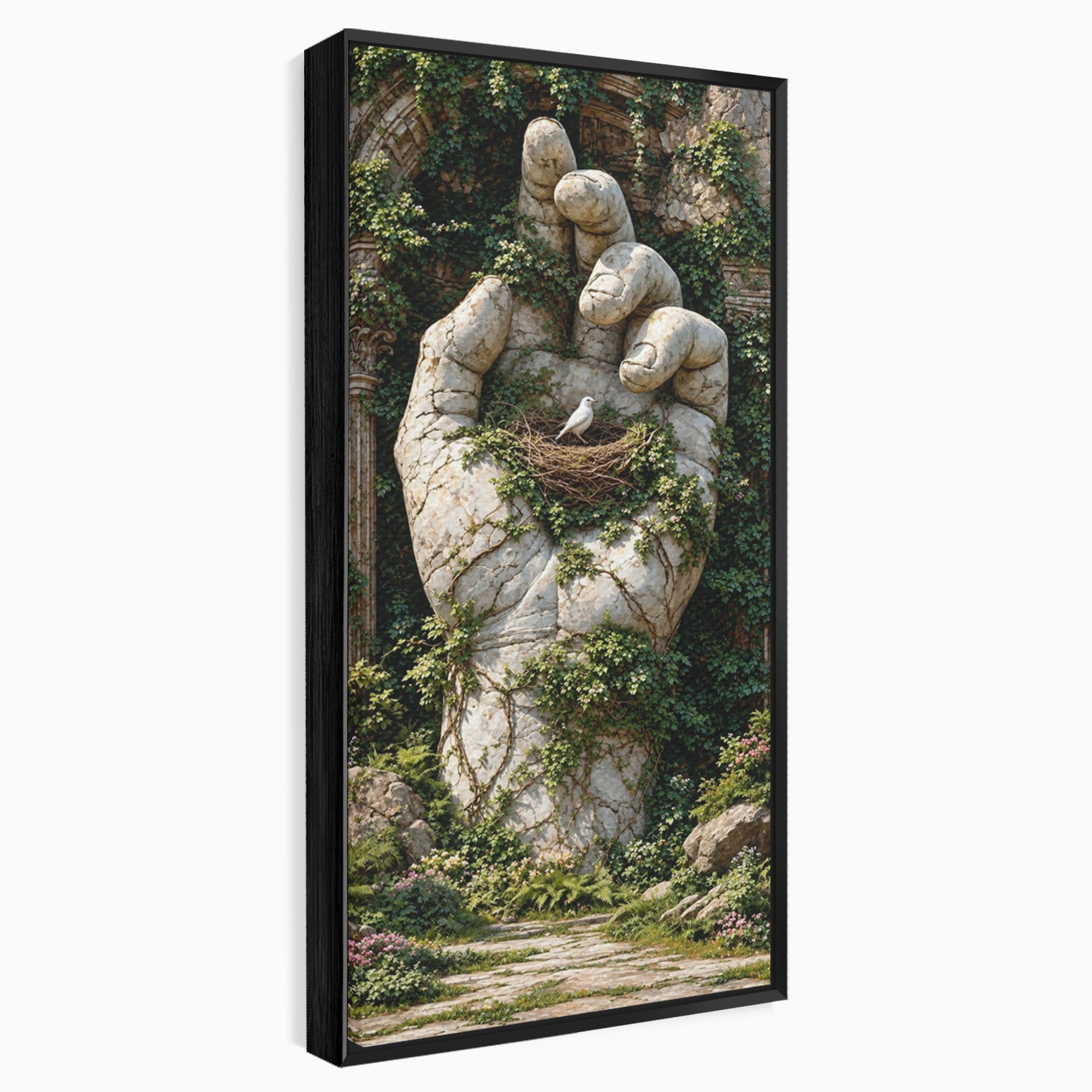 Tablou Canvas Premium LuxCanva® U1104, Mana De Piatra Cu Cuib, Porumbel, Natura, Ruine, Gradina, Mana, Cuib, Dormitor, Living, Culori Vibrante
