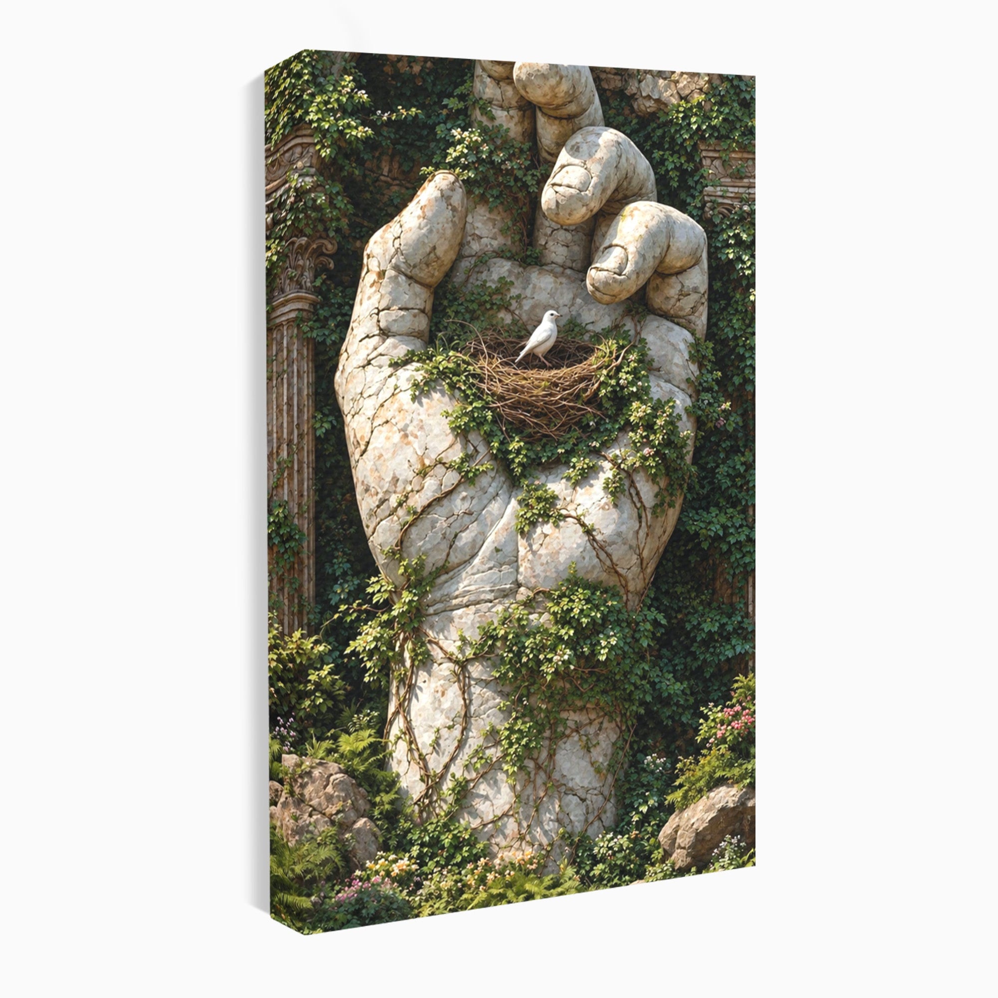 Tablou Canvas Premium LuxCanva® U1104, Mana De Piatra Cu Cuib, Porumbel, Natura, Ruine, Gradina, Mana, Cuib, Dormitor, Living, Culori Vibrante
