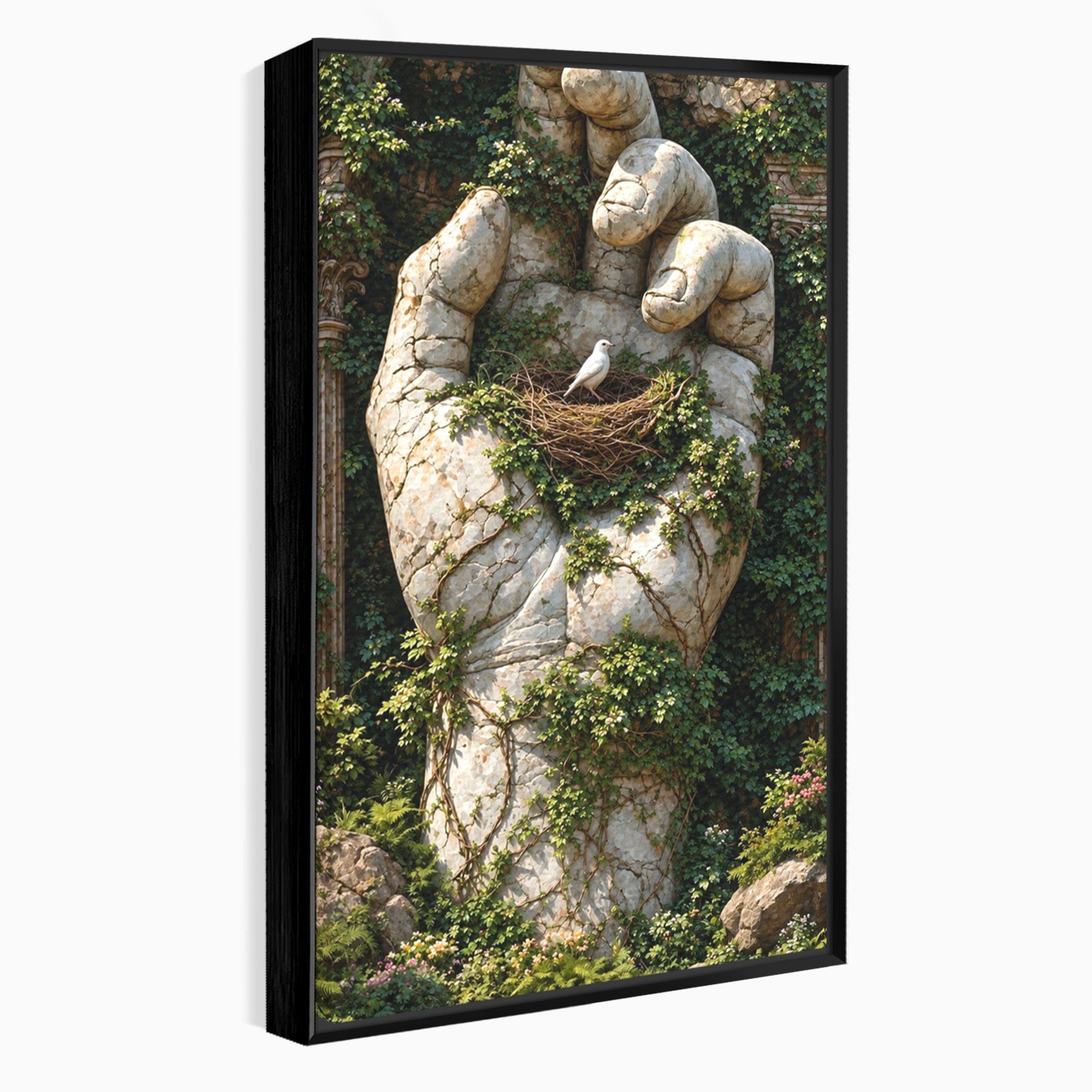 Tablou Canvas Premium LuxCanva® U1104, Mana De Piatra Cu Cuib, Porumbel, Natura, Ruine, Gradina, Mana, Cuib, Dormitor, Living, Culori Vibrante