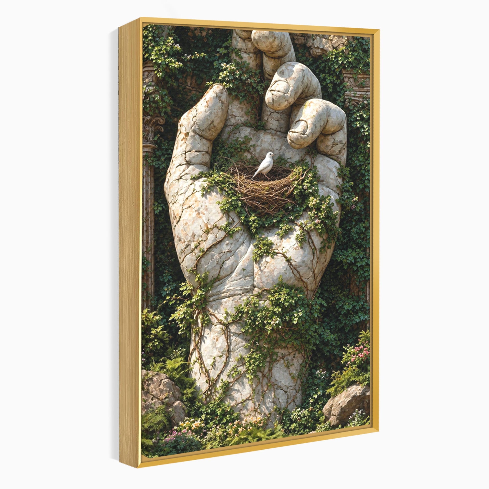 Tablou Canvas Premium LuxCanva® U1104, Mana De Piatra Cu Cuib, Porumbel, Natura, Ruine, Gradina, Mana, Cuib, Dormitor, Living, Culori Vibrante