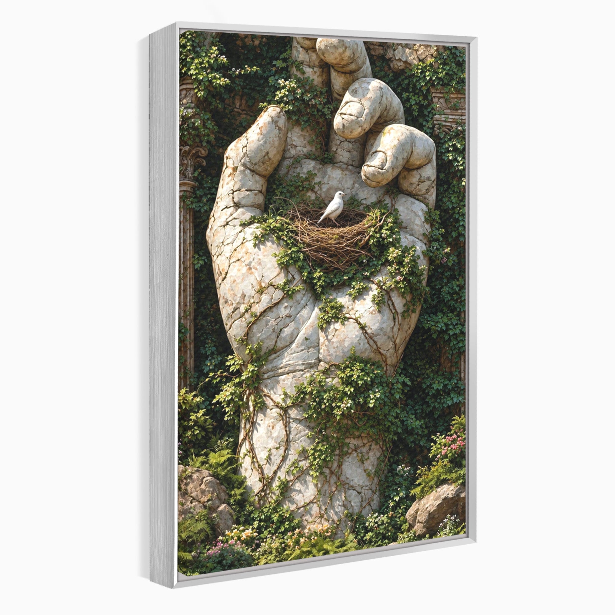 Tablou Canvas Premium LuxCanva® U1104, Mana De Piatra Cu Cuib, Porumbel, Natura, Ruine, Gradina, Mana, Cuib, Dormitor, Living, Culori Vibrante