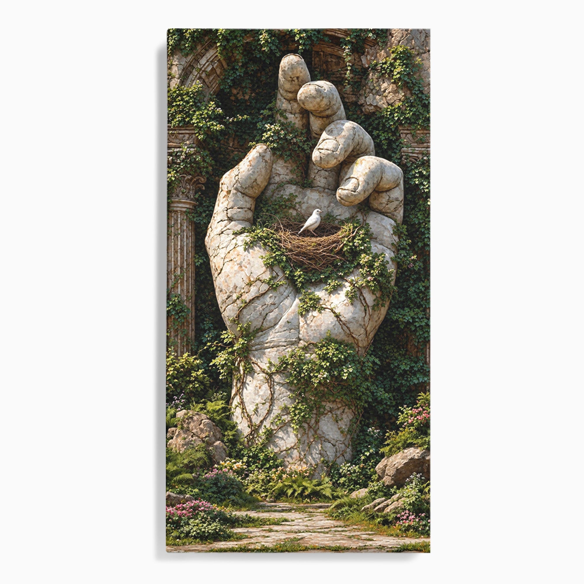Tablou Canvas Premium LuxCanva® U1104, Mana De Piatra Cu Cuib, Porumbel, Natura, Ruine, Gradina, Mana, Cuib, Dormitor, Living, Culori Vibrante
