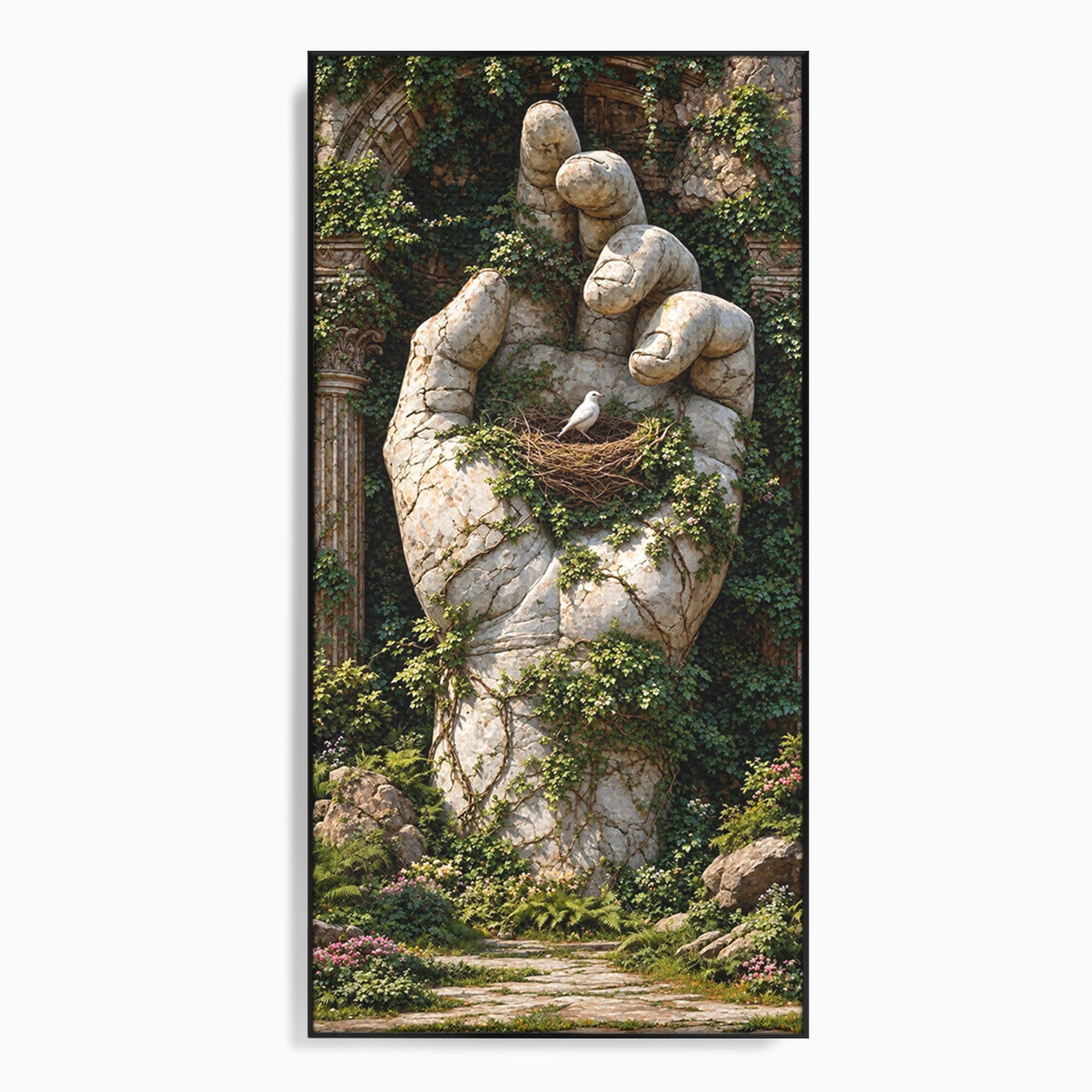 Tablou Canvas Premium LuxCanva® U1104, Mana De Piatra Cu Cuib, Porumbel, Natura, Ruine, Gradina, Mana, Cuib, Dormitor, Living, Culori Vibrante
