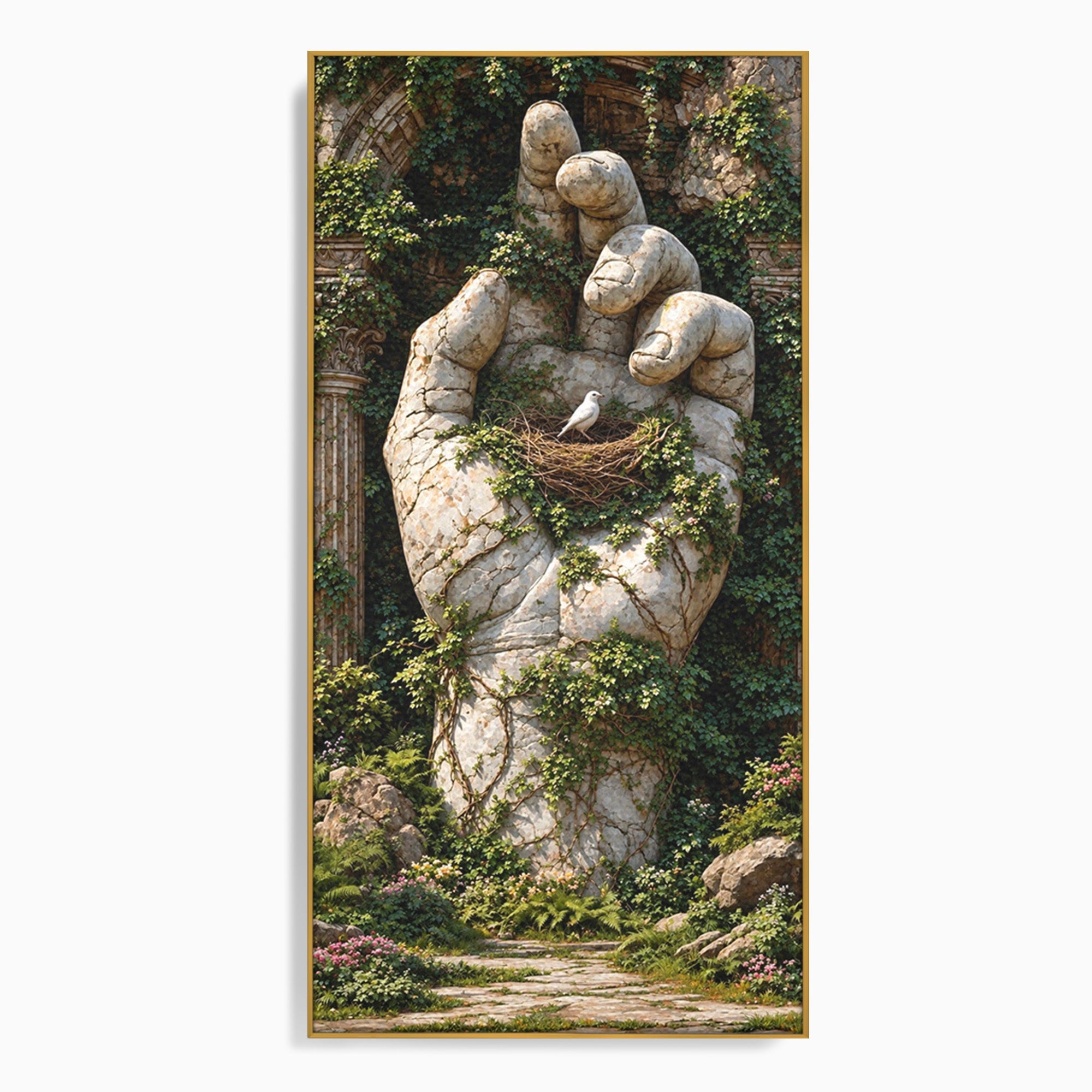 Tablou Canvas Premium LuxCanva® U1104, Mana De Piatra Cu Cuib, Porumbel, Natura, Ruine, Gradina, Mana, Cuib, Dormitor, Living, Culori Vibrante