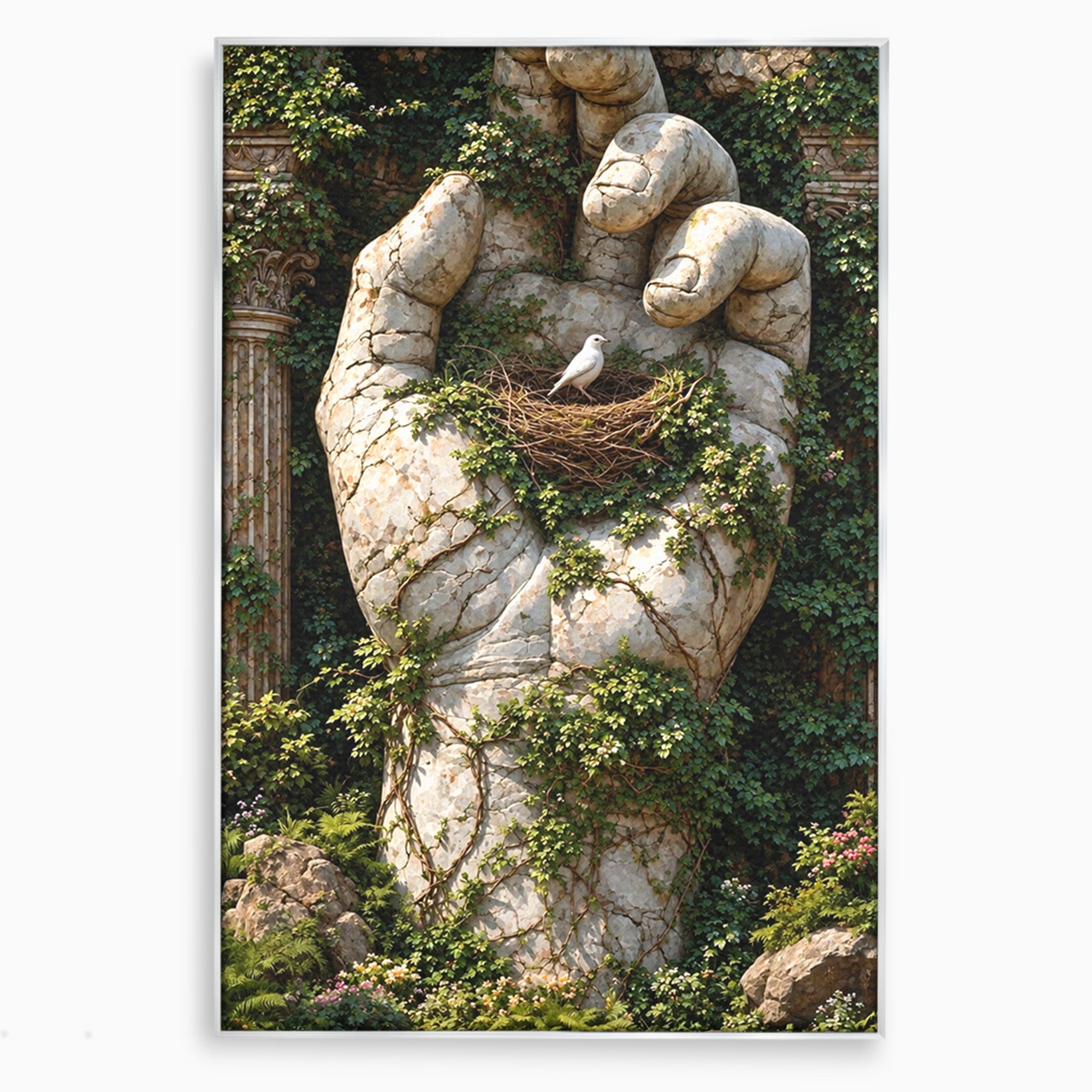 Tablou Canvas Premium LuxCanva® U1104, Mana De Piatra Cu Cuib, Porumbel, Natura, Ruine, Gradina, Mana, Cuib, Dormitor, Living, Culori Vibrante