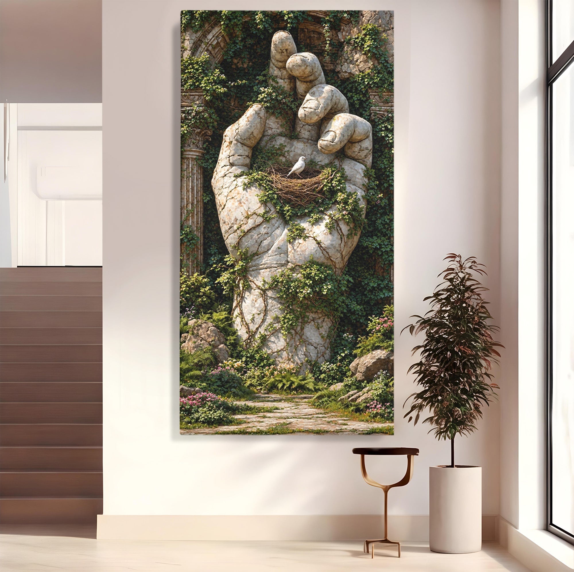 Tablou Canvas Premium LuxCanva® U1104, Mana De Piatra Cu Cuib, Porumbel, Natura, Ruine, Gradina, Mana, Cuib, Dormitor, Living, Culori Vibrante