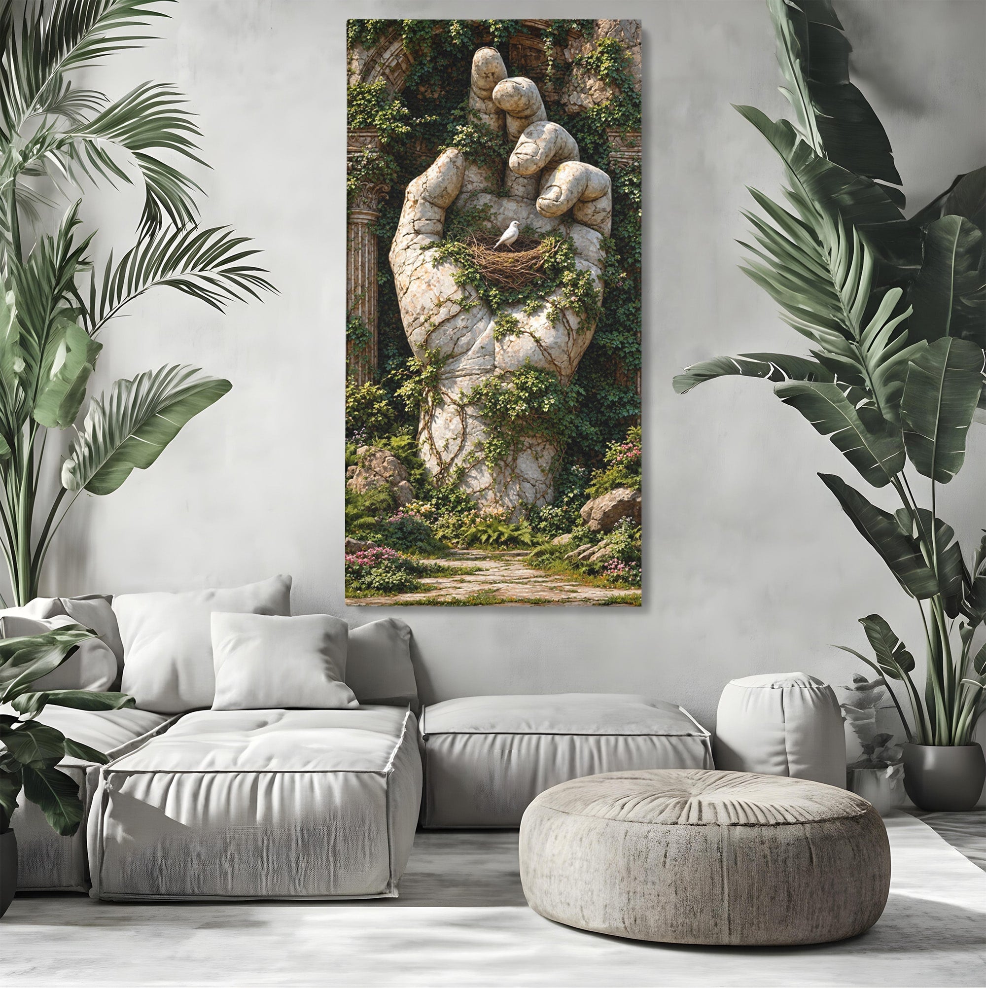 Tablou Canvas Premium LuxCanva® U1104, Mana De Piatra Cu Cuib, Porumbel, Natura, Ruine, Gradina, Mana, Cuib, Dormitor, Living, Culori Vibrante