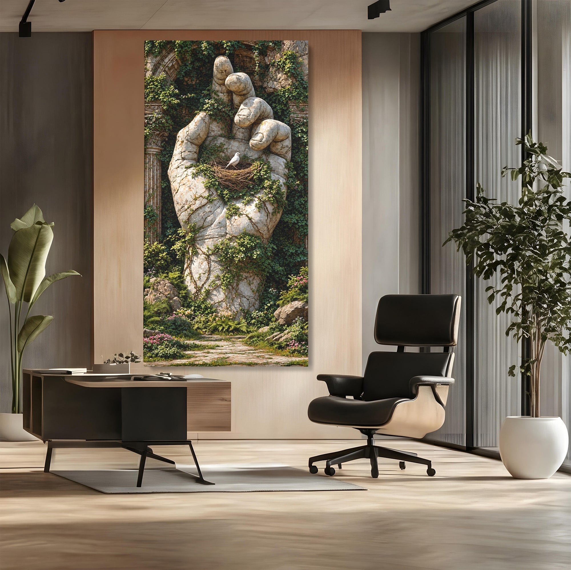 Tablou Canvas Premium LuxCanva® U1104, Mana De Piatra Cu Cuib, Porumbel, Natura, Ruine, Gradina, Mana, Cuib, Dormitor, Living, Culori Vibrante