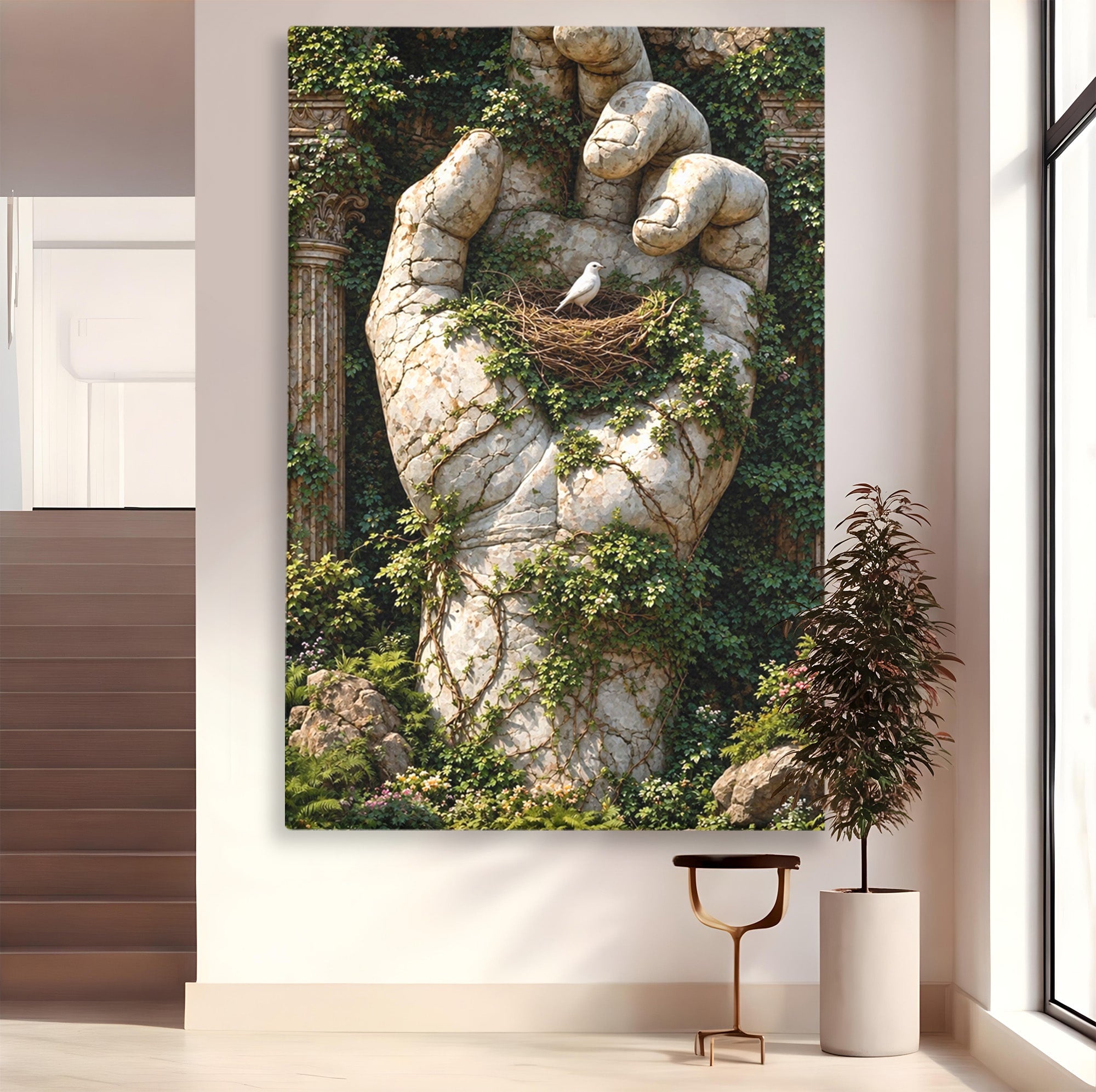Tablou Canvas Premium LuxCanva® U1104, Mana De Piatra Cu Cuib, Porumbel, Natura, Ruine, Gradina, Mana, Cuib, Dormitor, Living, Culori Vibrante