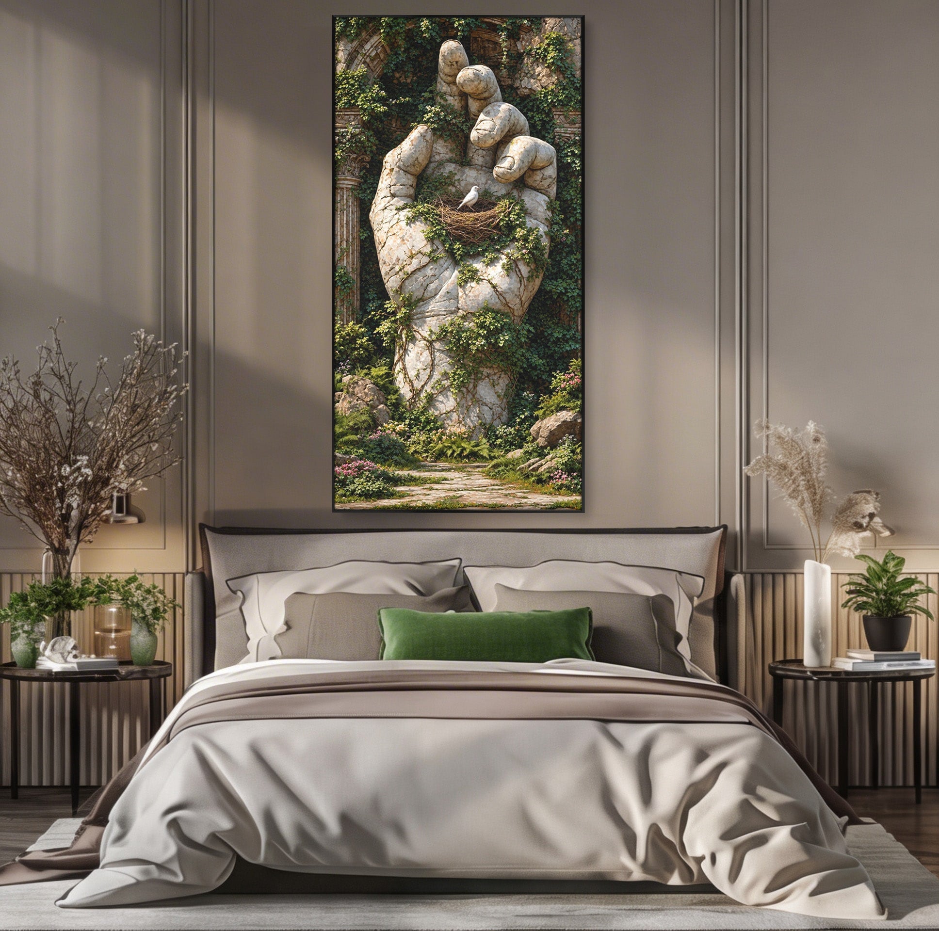 Tablou Canvas Premium LuxCanva® U1104, Mana De Piatra Cu Cuib, Porumbel, Natura, Ruine, Gradina, Mana, Cuib, Dormitor, Living, Culori Vibrante