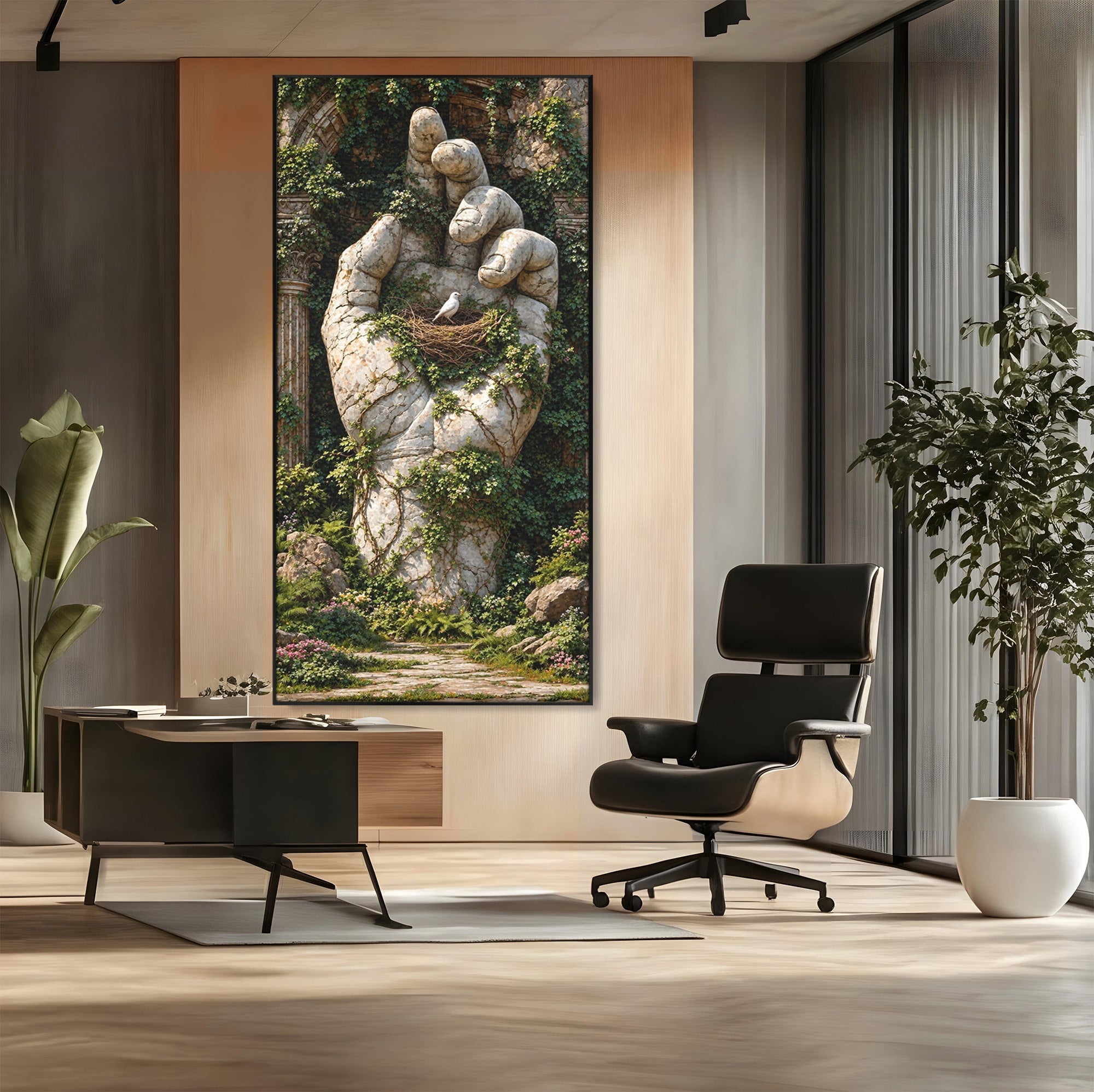Tablou Canvas Premium LuxCanva® U1104, Mana De Piatra Cu Cuib, Porumbel, Natura, Ruine, Gradina, Mana, Cuib, Dormitor, Living, Culori Vibrante