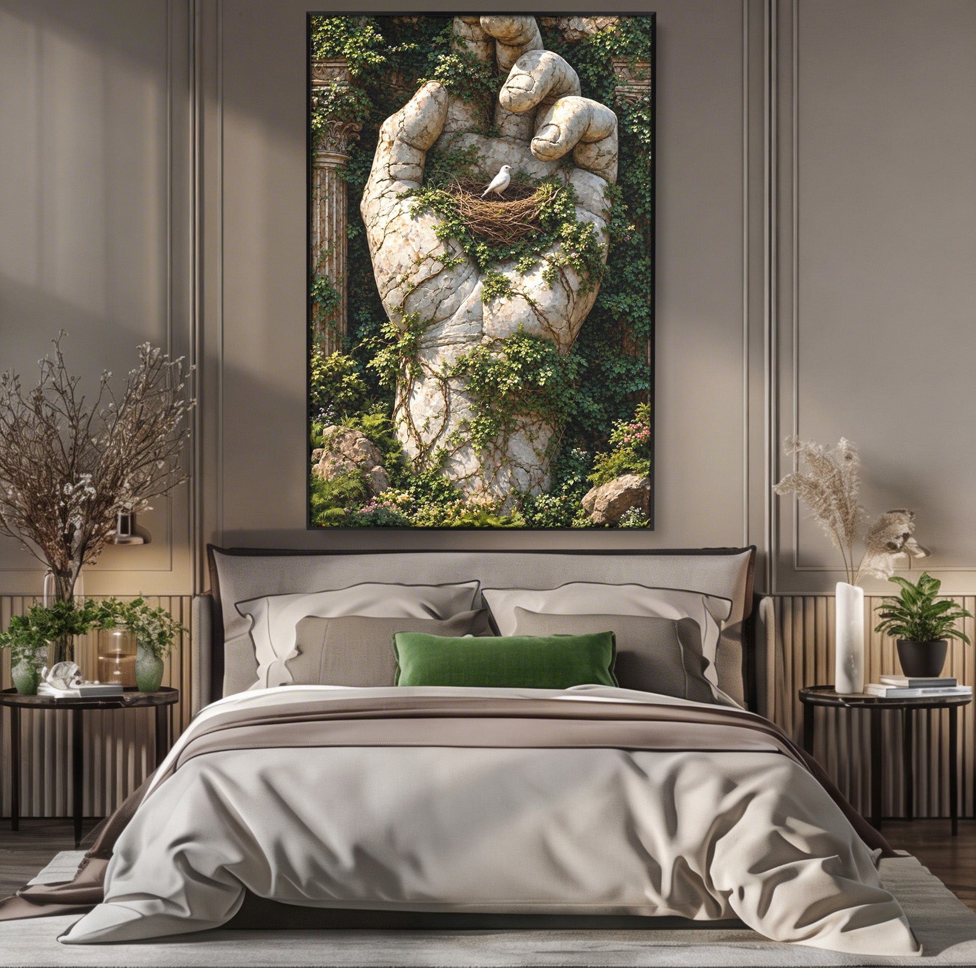Tablou Canvas Premium LuxCanva® U1104, Mana De Piatra Cu Cuib, Porumbel, Natura, Ruine, Gradina, Mana, Cuib, Dormitor, Living, Culori Vibrante