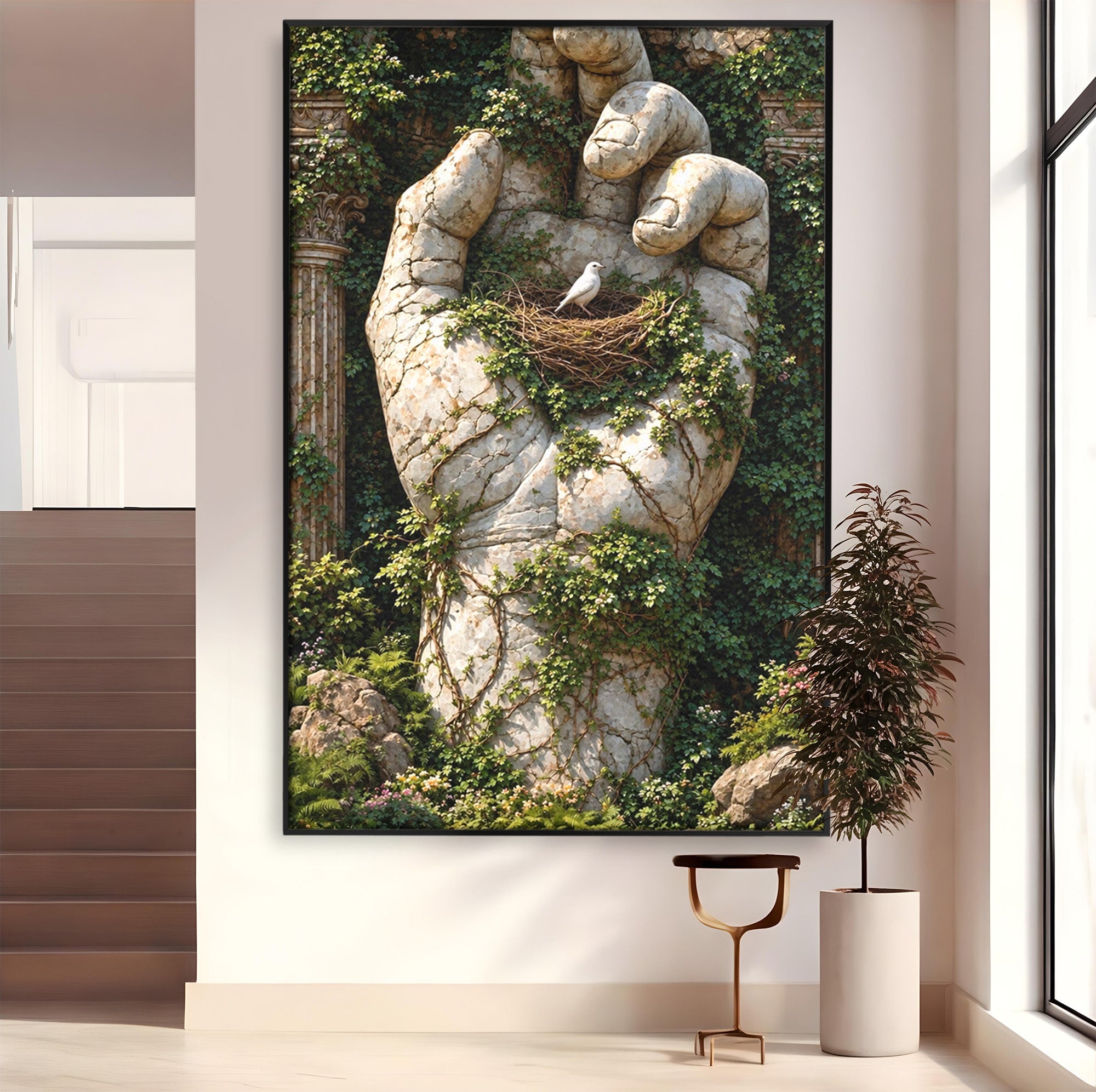 Tablou Canvas Premium LuxCanva® U1104, Mana De Piatra Cu Cuib, Porumbel, Natura, Ruine, Gradina, Mana, Cuib, Dormitor, Living, Culori Vibrante