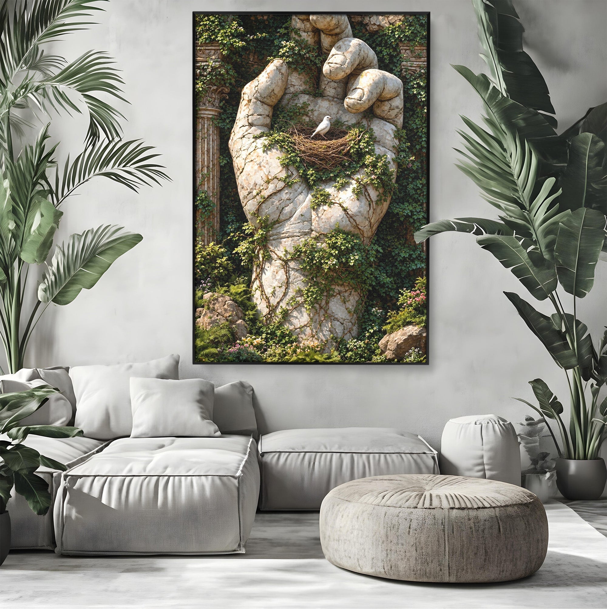 Tablou Canvas Premium LuxCanva® U1104, Mana De Piatra Cu Cuib, Porumbel, Natura, Ruine, Gradina, Mana, Cuib, Dormitor, Living, Culori Vibrante