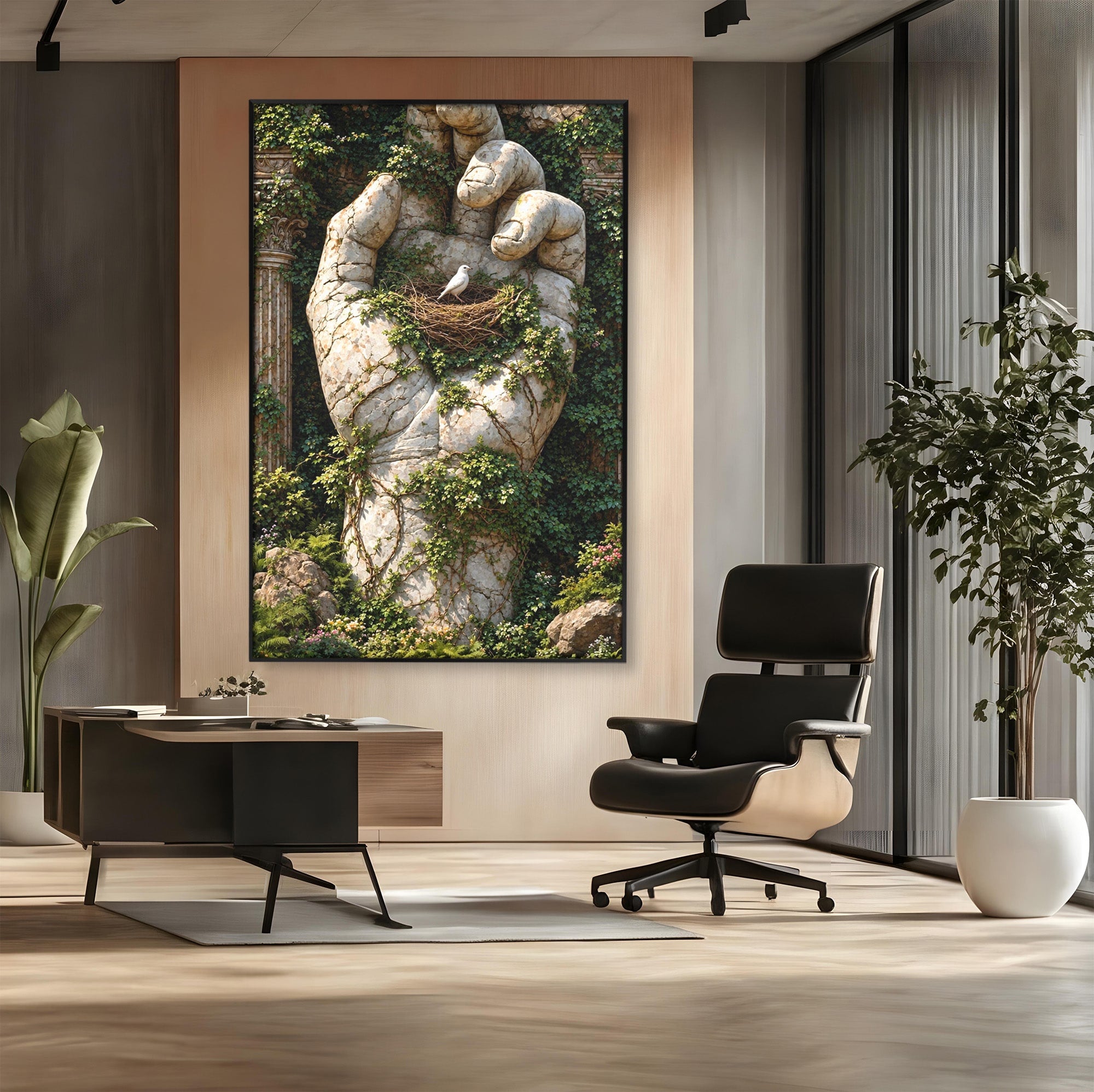 Tablou Canvas Premium LuxCanva® U1104, Mana De Piatra Cu Cuib, Porumbel, Natura, Ruine, Gradina, Mana, Cuib, Dormitor, Living, Culori Vibrante
