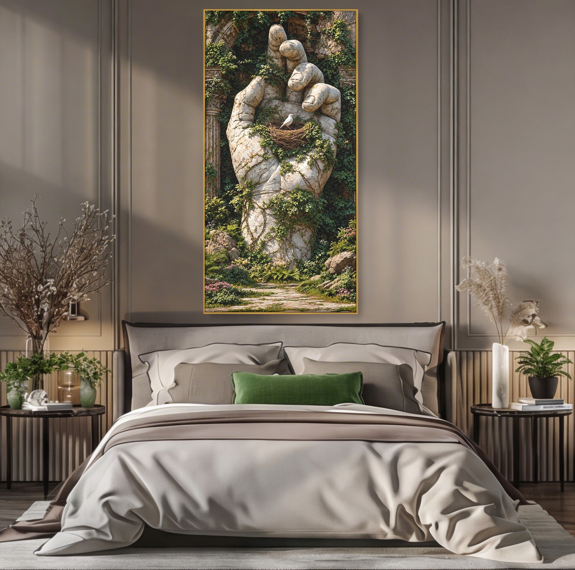 Tablou Canvas Premium LuxCanva® U1104, Mana De Piatra Cu Cuib, Porumbel, Natura, Ruine, Gradina, Mana, Cuib, Dormitor, Living, Culori Vibrante