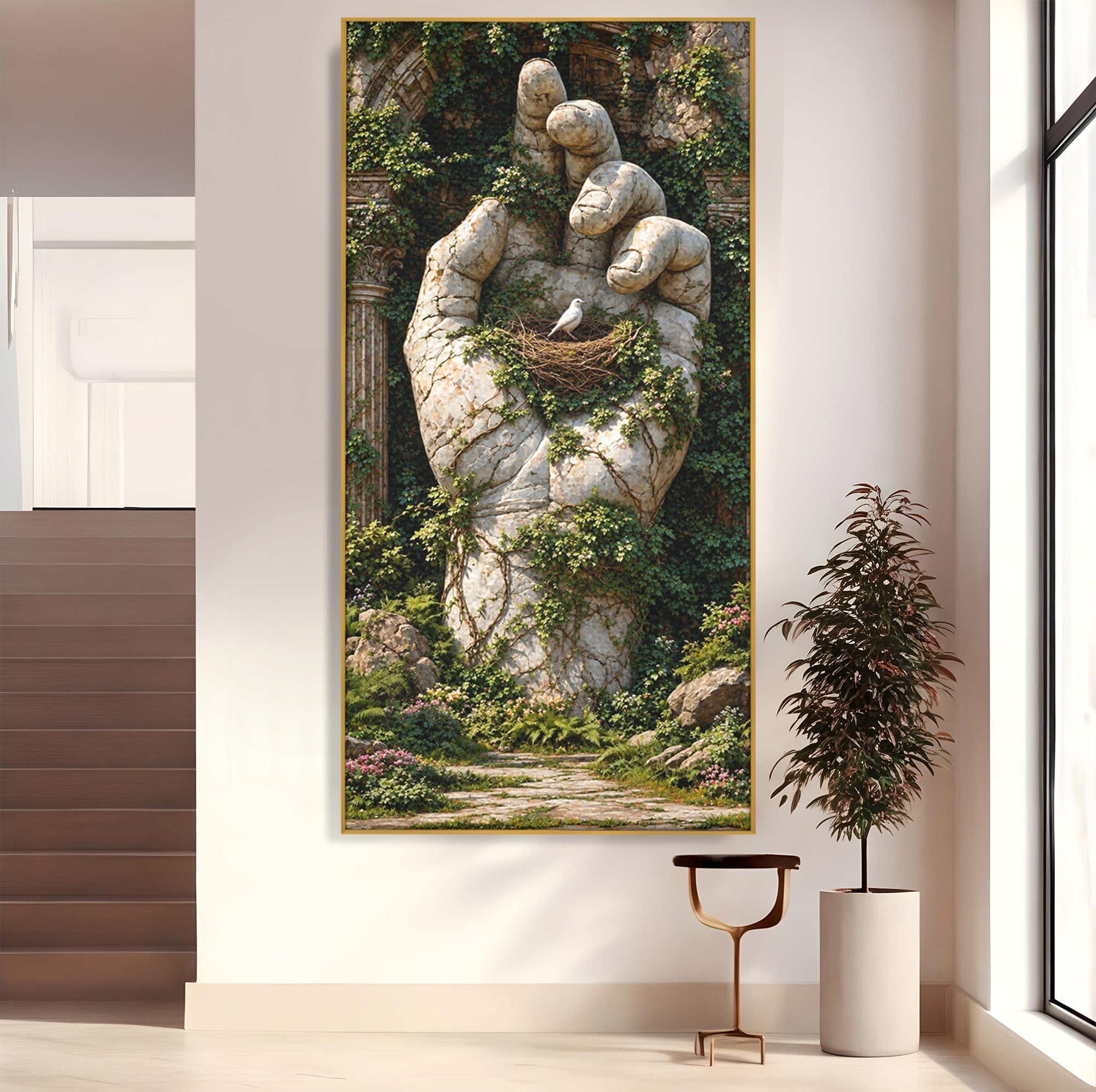 Tablou Canvas Premium LuxCanva® U1104, Mana De Piatra Cu Cuib, Porumbel, Natura, Ruine, Gradina, Mana, Cuib, Dormitor, Living, Culori Vibrante