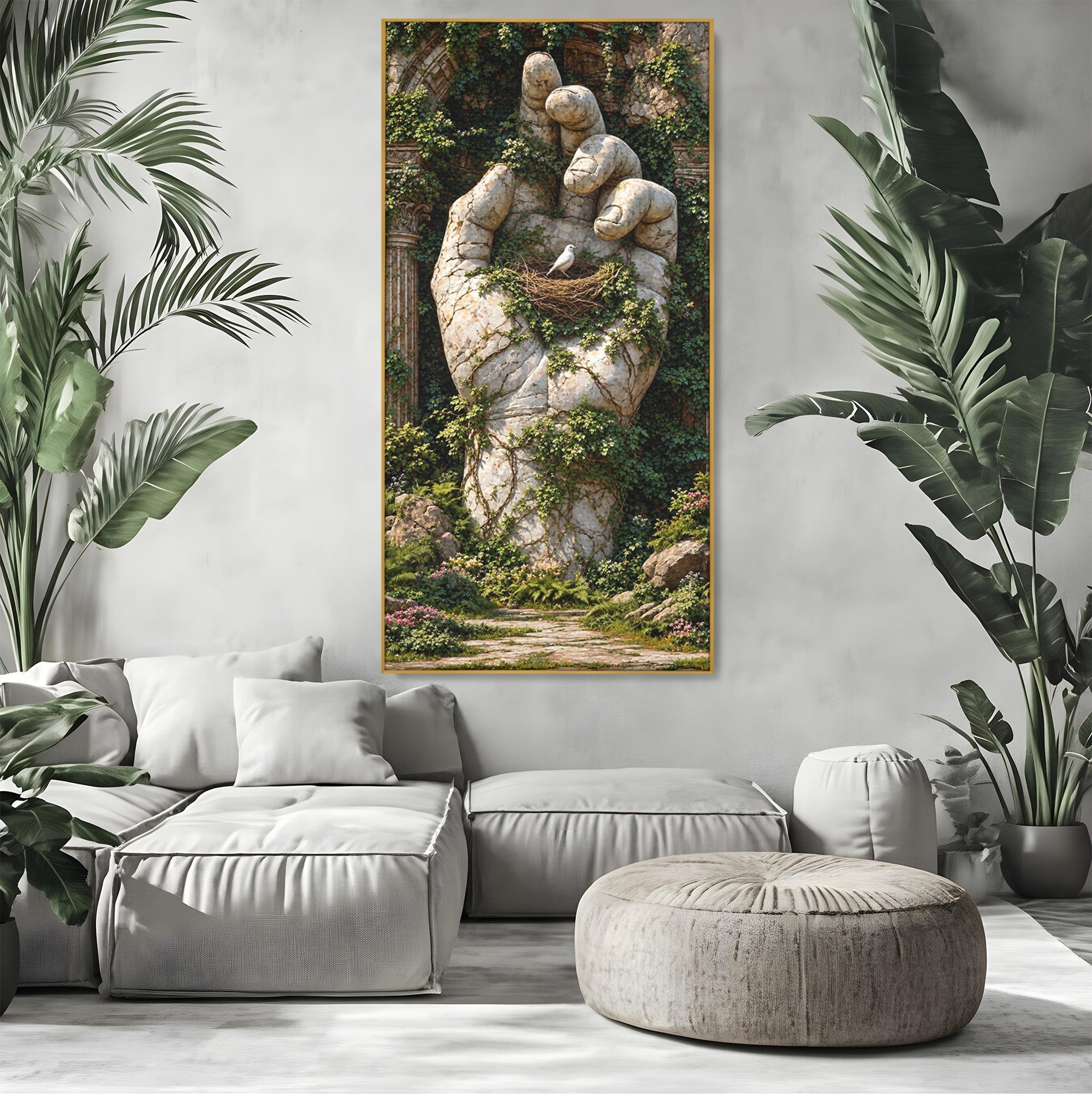 Tablou Canvas Premium LuxCanva® U1104, Mana De Piatra Cu Cuib, Porumbel, Natura, Ruine, Gradina, Mana, Cuib, Dormitor, Living, Culori Vibrante