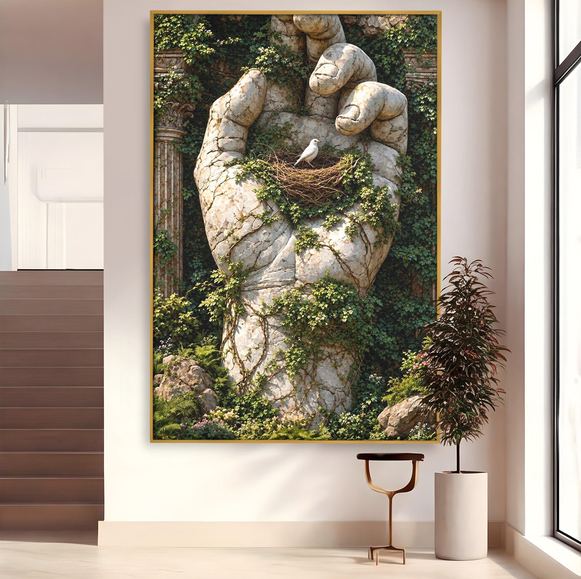 Tablou Canvas Premium LuxCanva® U1104, Mana De Piatra Cu Cuib, Porumbel, Natura, Ruine, Gradina, Mana, Cuib, Dormitor, Living, Culori Vibrante