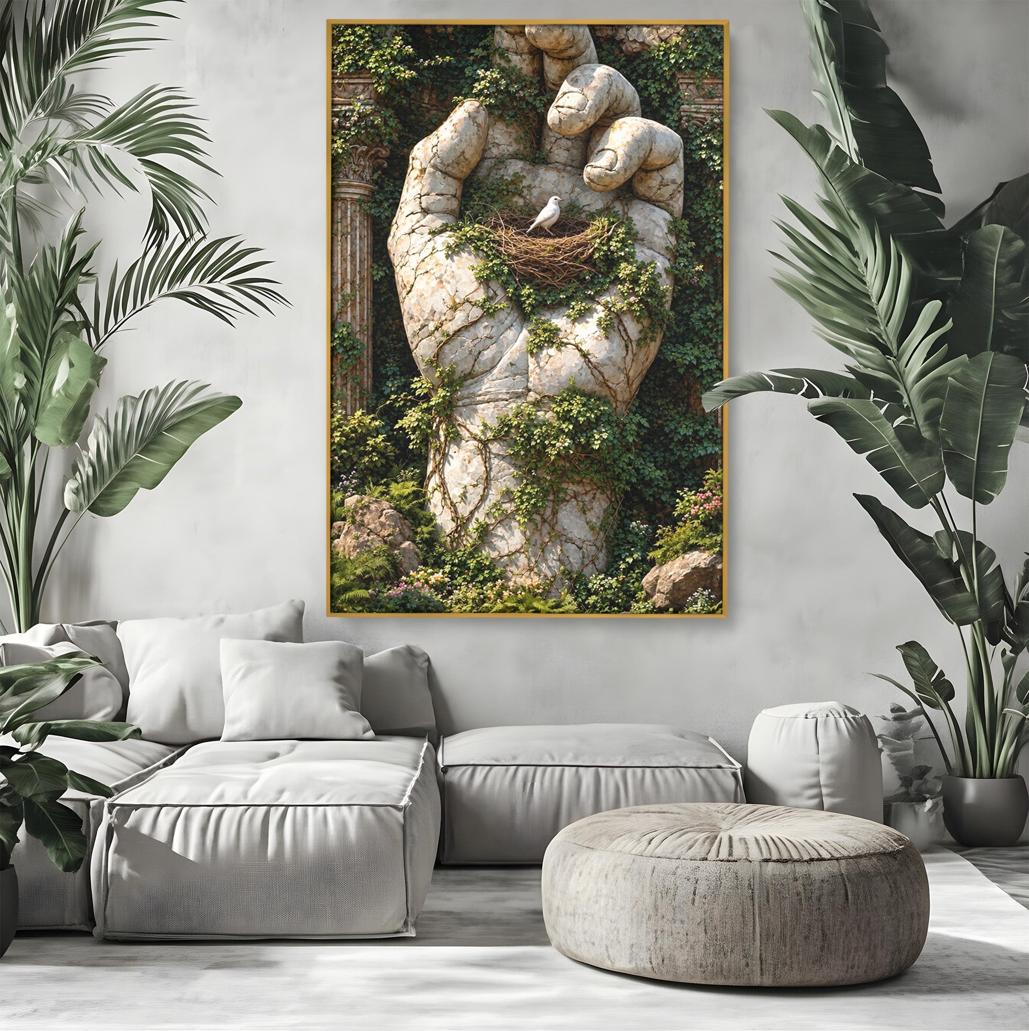 Tablou Canvas Premium LuxCanva® U1104, Mana De Piatra Cu Cuib, Porumbel, Natura, Ruine, Gradina, Mana, Cuib, Dormitor, Living, Culori Vibrante