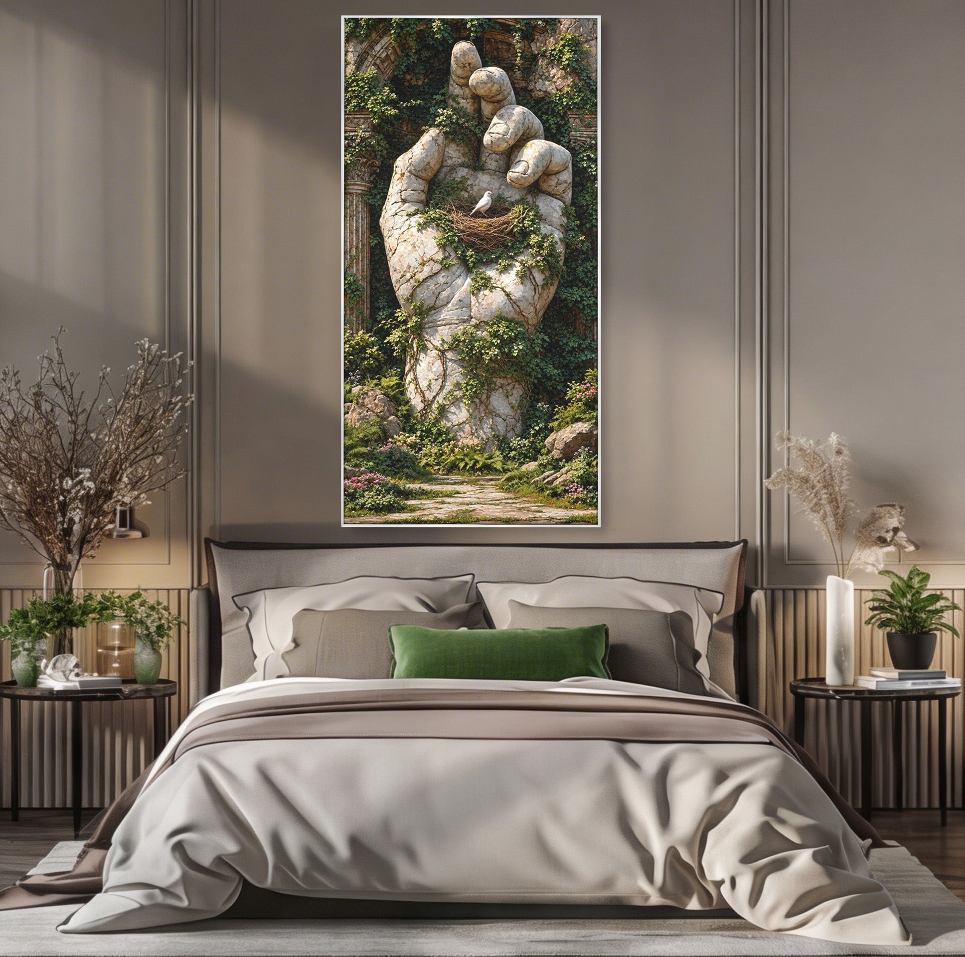 Tablou Canvas Premium LuxCanva® U1104, Mana De Piatra Cu Cuib, Porumbel, Natura, Ruine, Gradina, Mana, Cuib, Dormitor, Living, Culori Vibrante