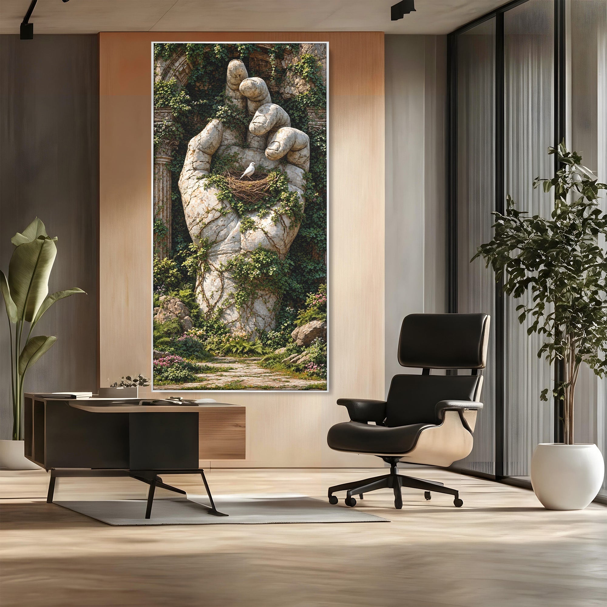 Tablou Canvas Premium LuxCanva® U1104, Mana De Piatra Cu Cuib, Porumbel, Natura, Ruine, Gradina, Mana, Cuib, Dormitor, Living, Culori Vibrante