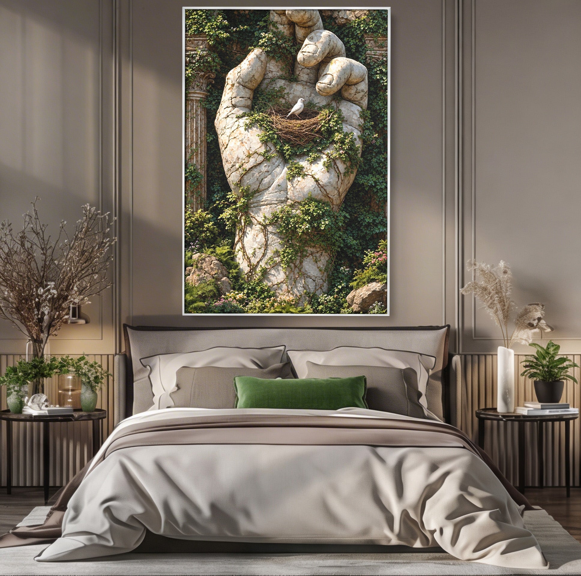 Tablou Canvas Premium LuxCanva® U1104, Mana De Piatra Cu Cuib, Porumbel, Natura, Ruine, Gradina, Mana, Cuib, Dormitor, Living, Culori Vibrante