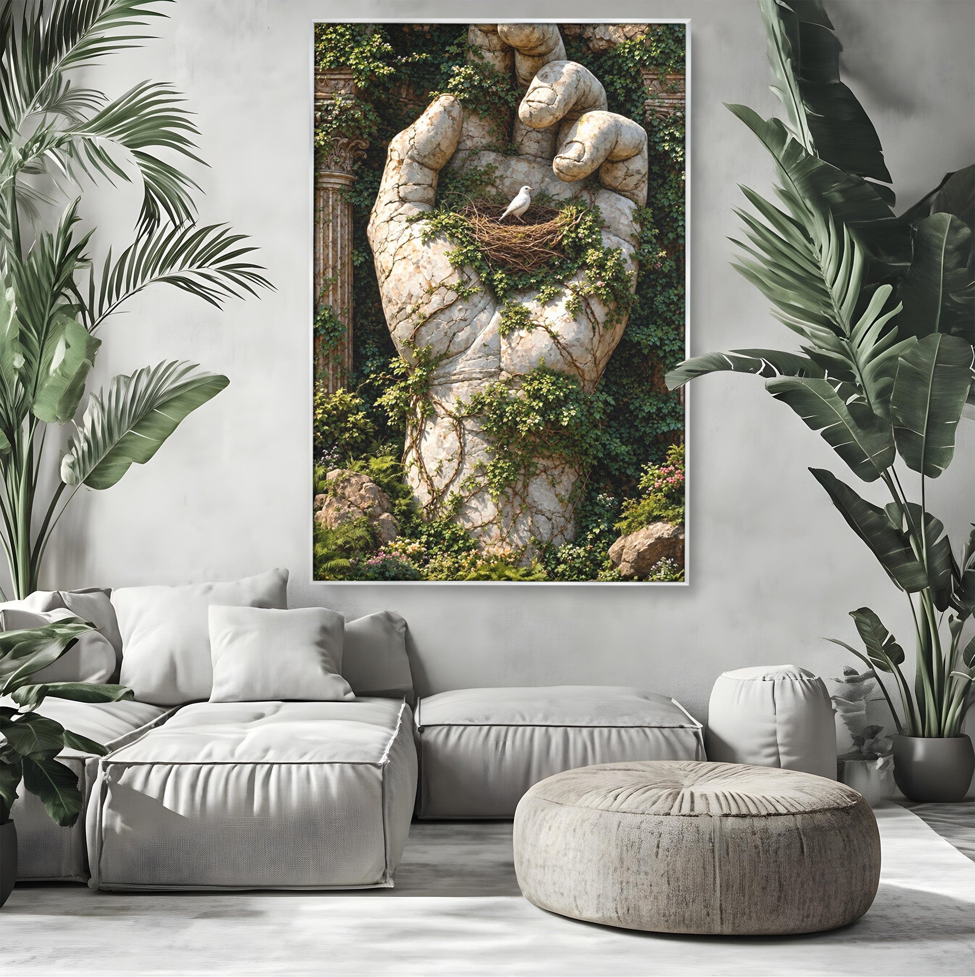 Tablou Canvas Premium LuxCanva® U1104, Mana De Piatra Cu Cuib, Porumbel, Natura, Ruine, Gradina, Mana, Cuib, Dormitor, Living, Culori Vibrante