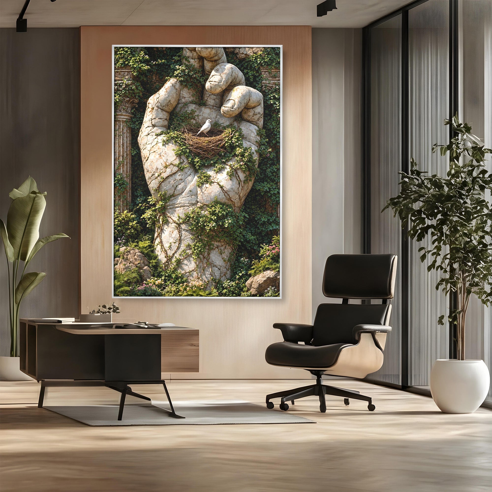 Tablou Canvas Premium LuxCanva® U1104, Mana De Piatra Cu Cuib, Porumbel, Natura, Ruine, Gradina, Mana, Cuib, Dormitor, Living, Culori Vibrante