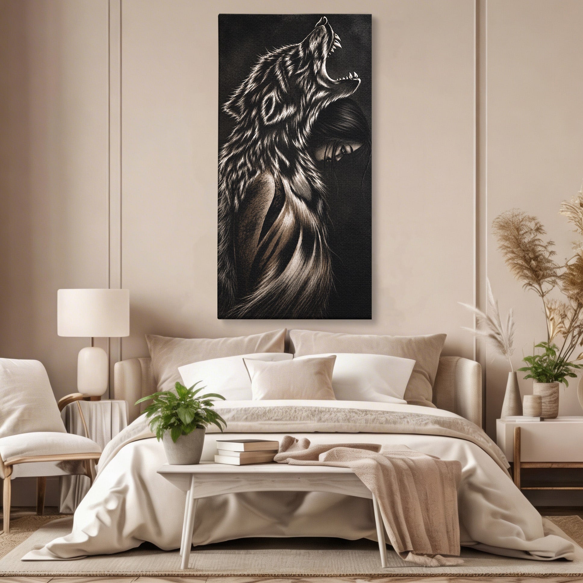 Tablou Canvas Premium LuxCanva® U1106, Femeie Lup, Mister, Portret, Femeie, Lup, Dormitor, Living, Culori Vibrante
