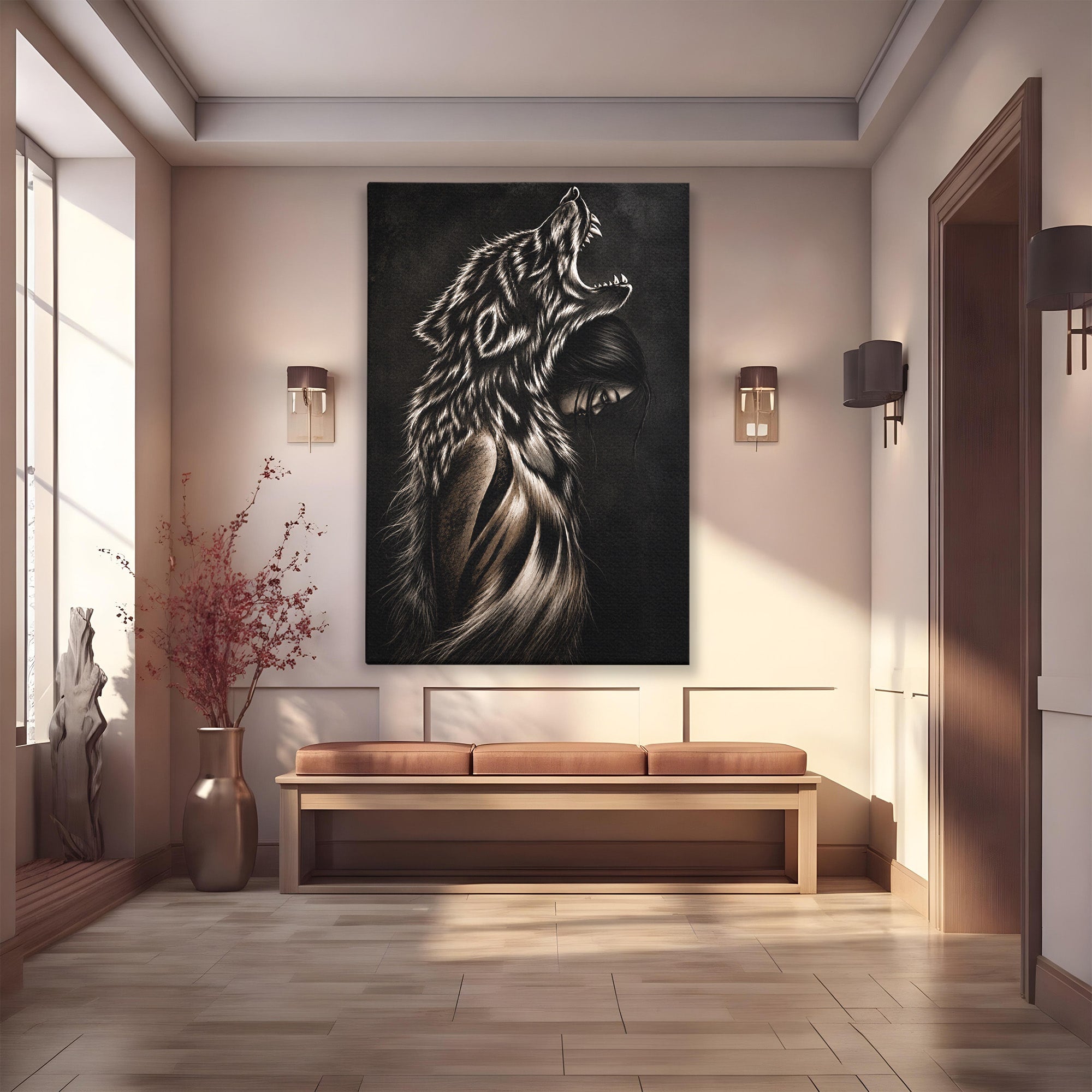 Tablou Canvas Premium LuxCanva® U1106, Femeie Lup, Mister, Portret, Femeie, Lup, Dormitor, Living, Culori Vibrante