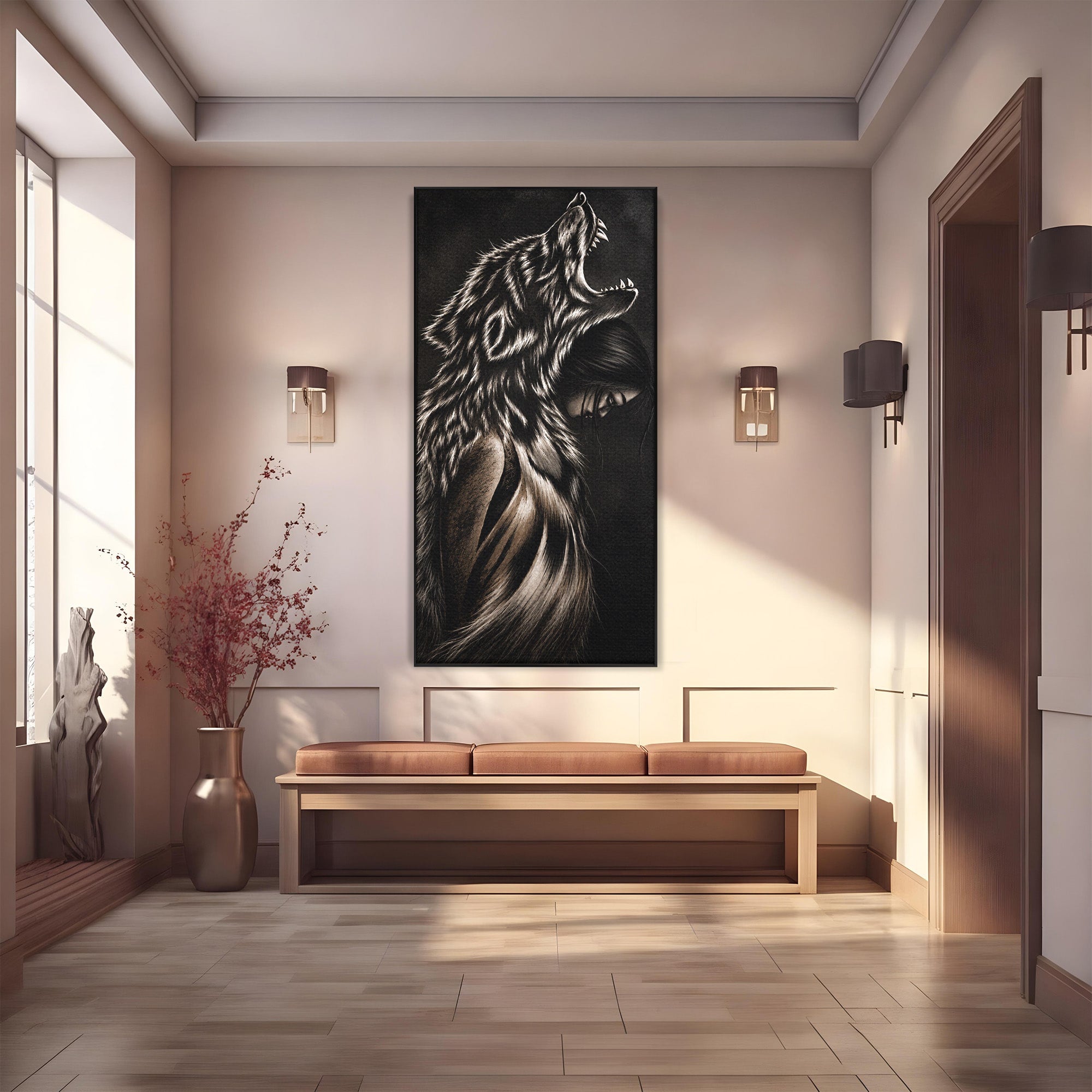 Tablou Canvas Premium LuxCanva® U1106, Femeie Lup, Mister, Portret, Femeie, Lup, Dormitor, Living, Culori Vibrante